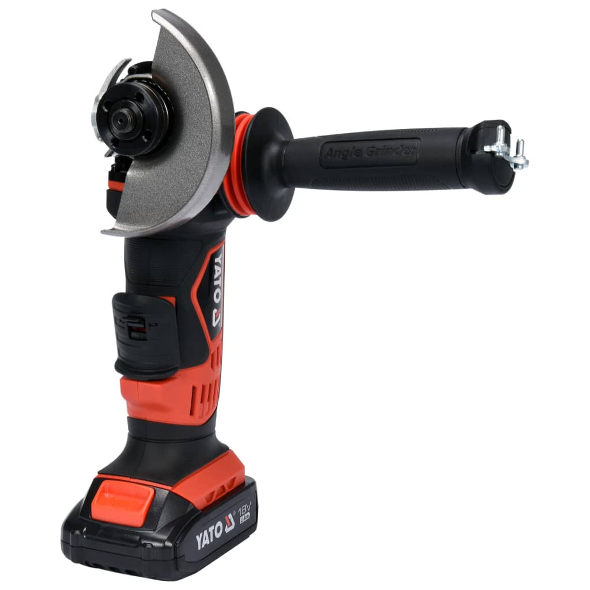 Szlifierka kątowa z czerwonym i czarnym korpusem, srebrną tarczą i uchwytem. Białe tło.