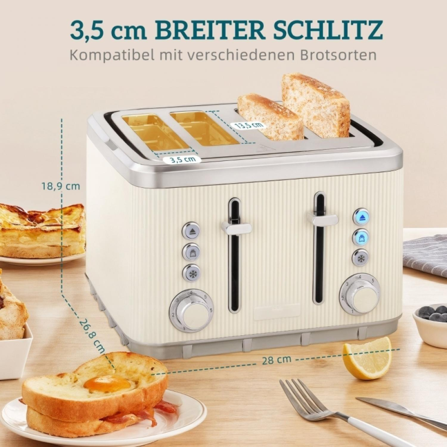 Ein cremefarbener Toaster mit zwei Brotscheiben und Maßen.