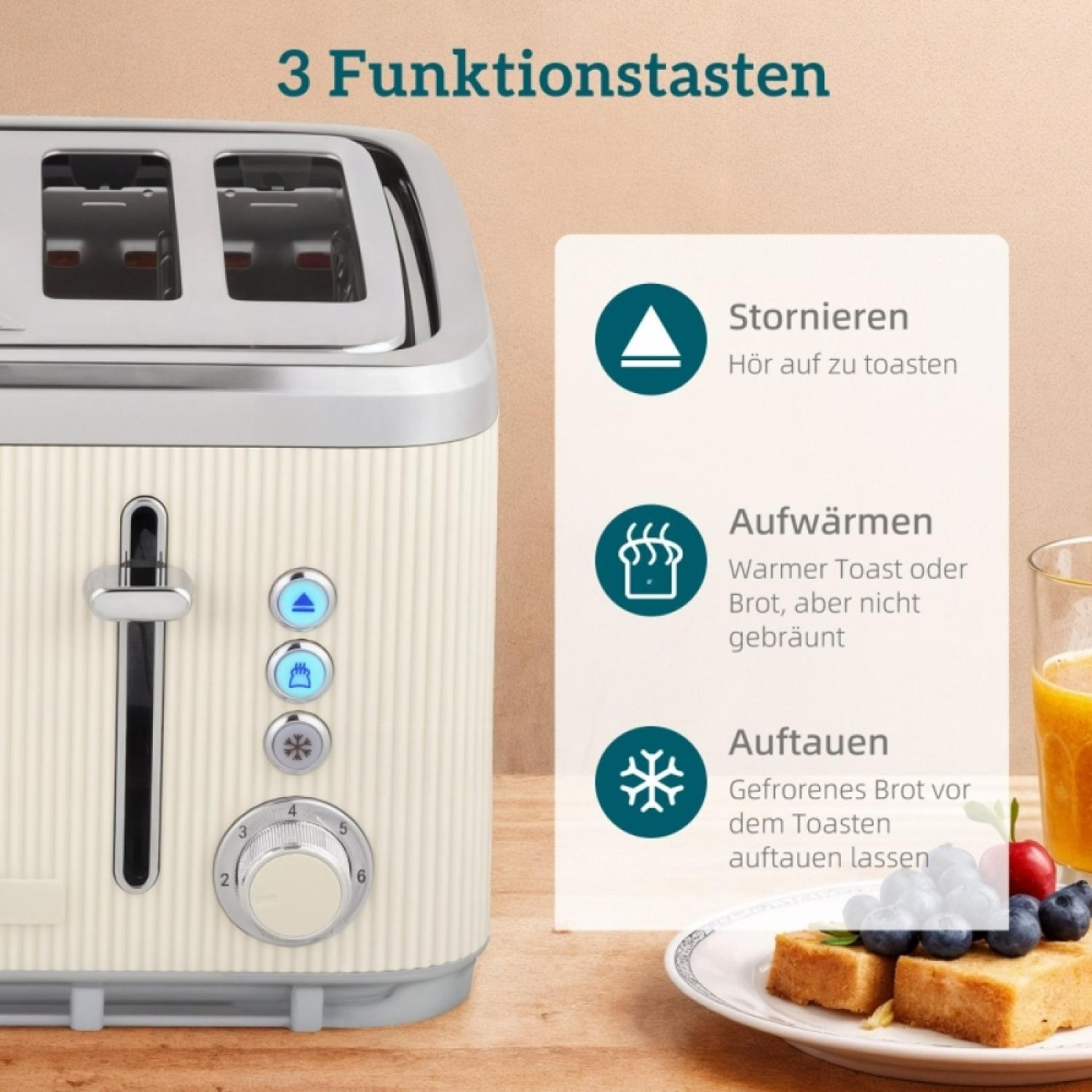 Beige Toaster mit 3 Funktionstasten, daneben ein Teller mit Kuchen und Beeren.