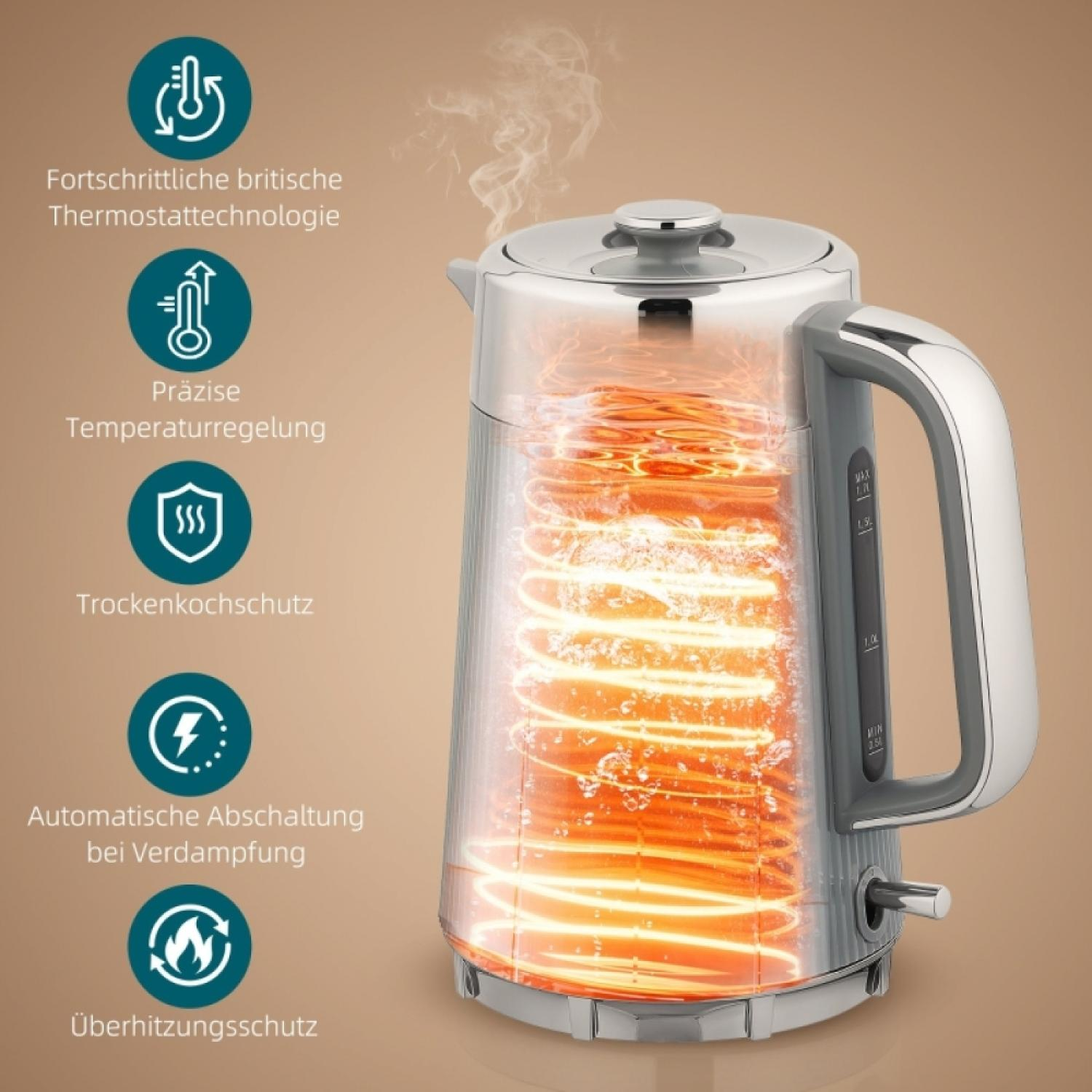 Transparenter Wasserkocher mit beleuchtetem Heizelement und Dampf.