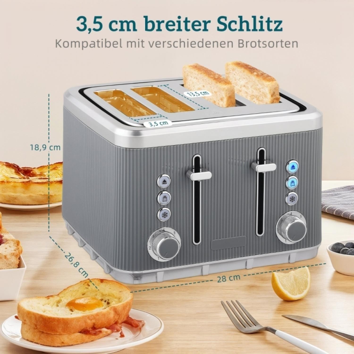 Grauer Toaster mit zwei Schlitzen, Toast und Brot darauf.