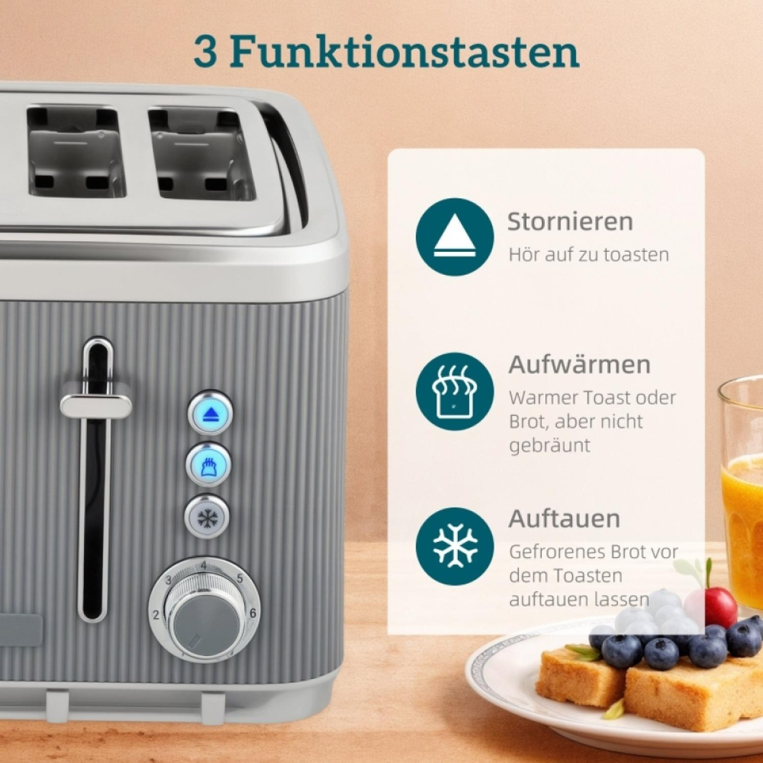 Grauer Toaster mit drei Funktionstasten, Toast und Saft auf einem Teller.