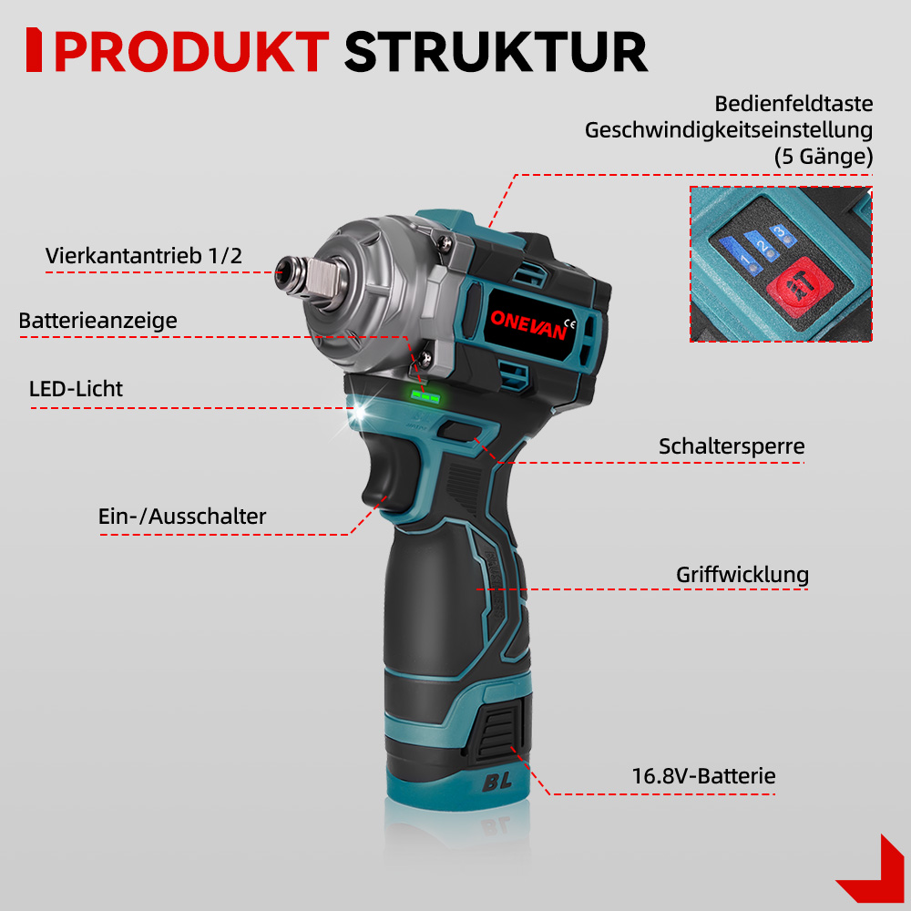 Llave de impacto inalámbrica con botones de control, luz LED e indicador de batería.