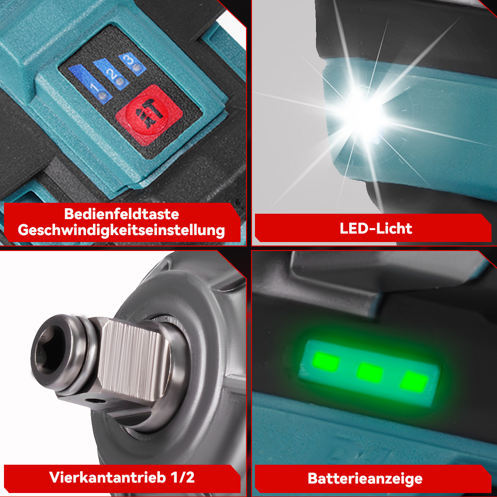 Cuatro imágenes de una herramienta: panel, LED, transmisión e indicador.