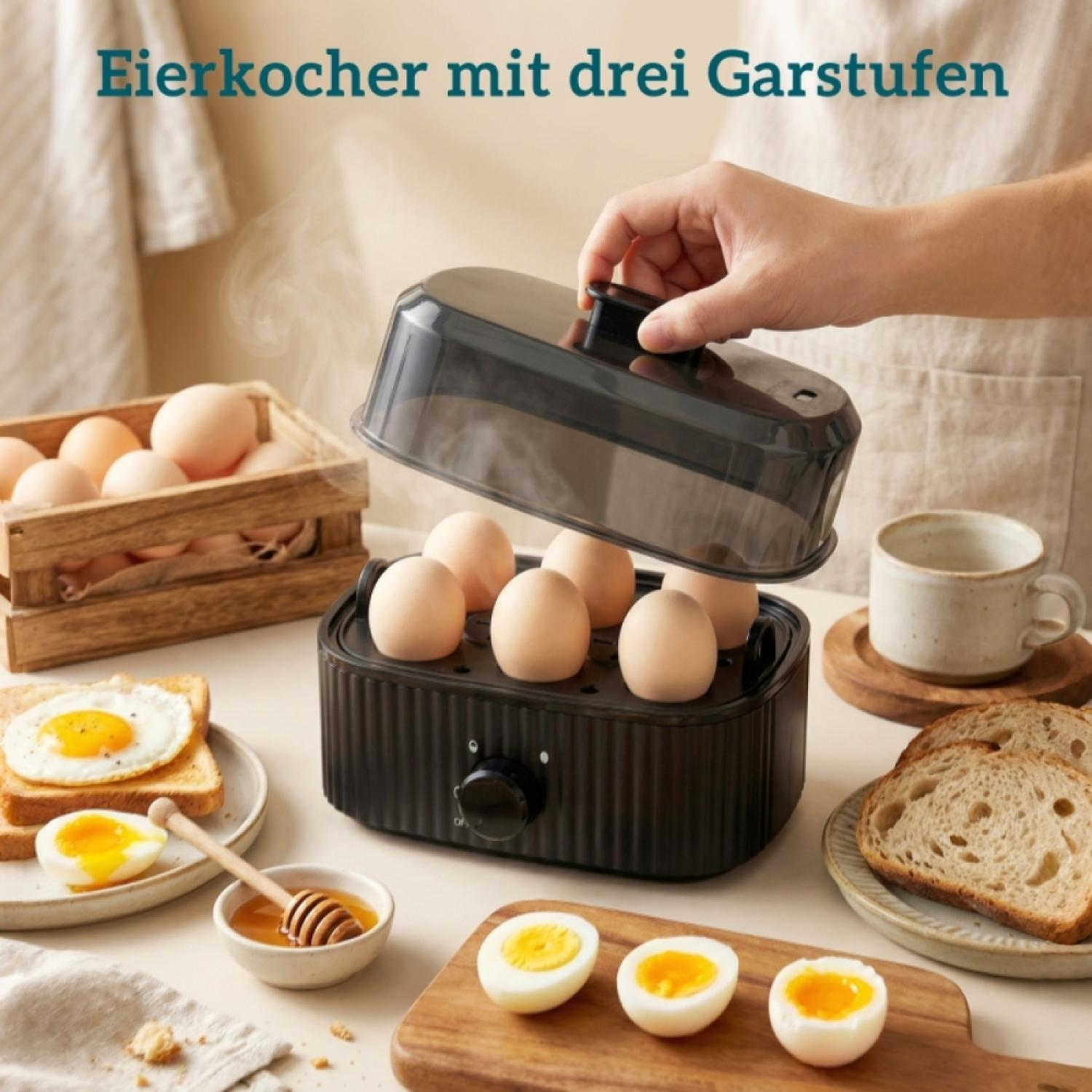 Ein Eierkocher dämpft Eier, daneben Toast mit Spiegelei, Honig und Brot.