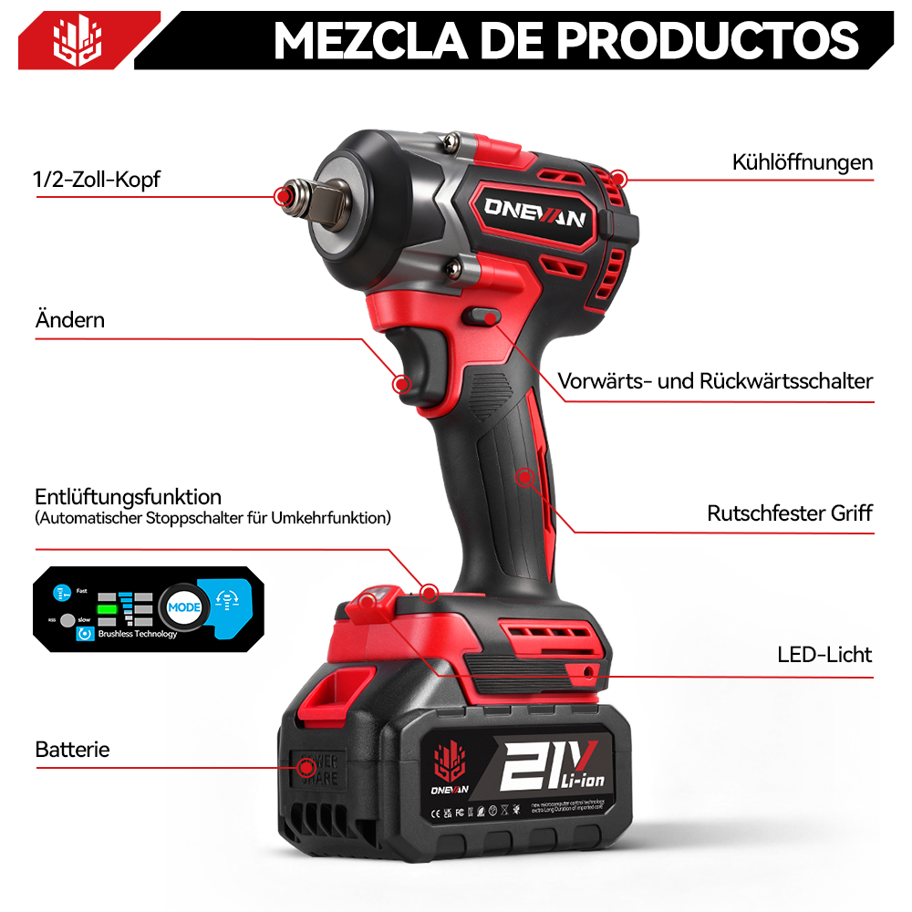 Una llave de impacto inalámbrica roja y negra con etiquetas en alemán.