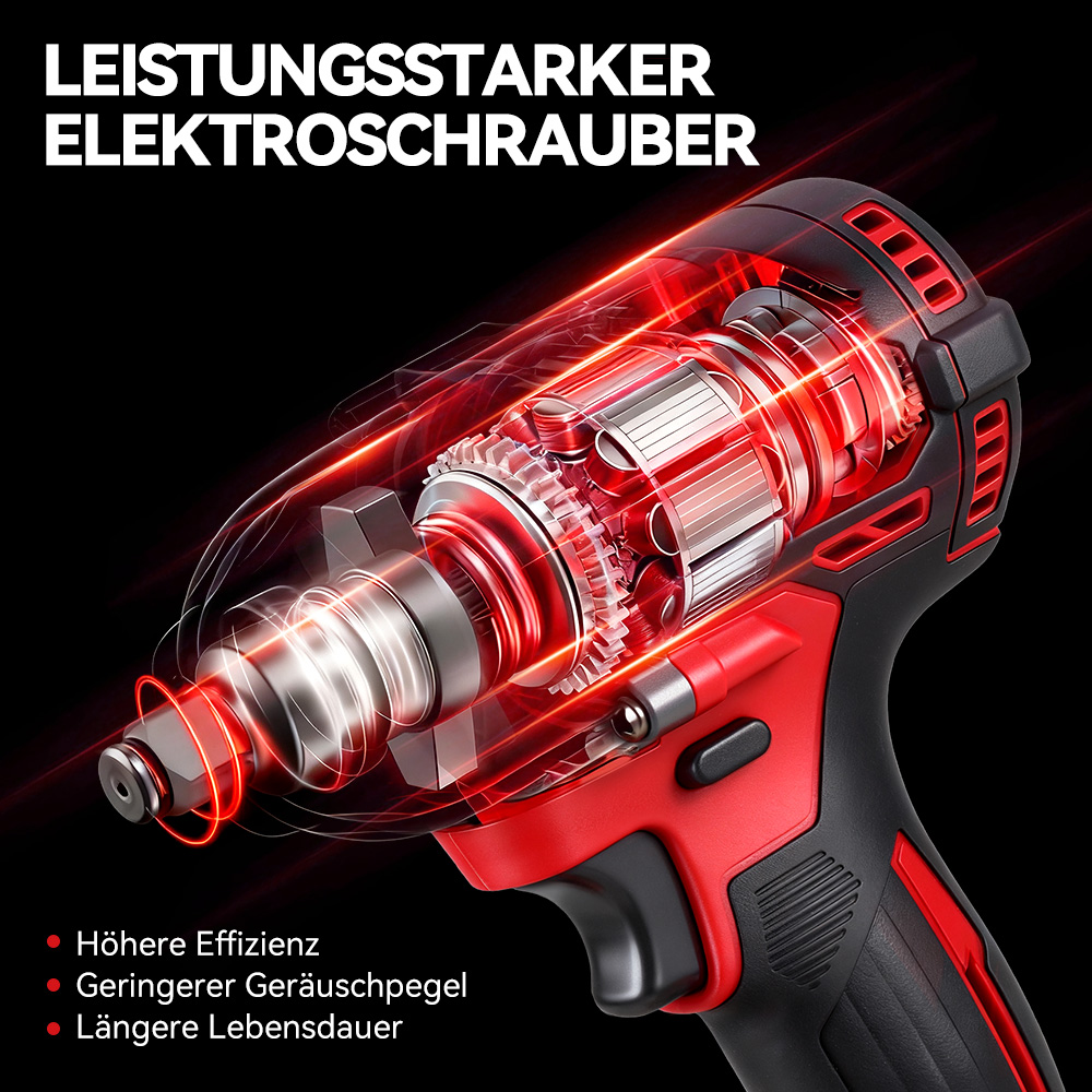 Roter und schwarzer Elektroschrauber mit freigelegtem Getriebe und Motor.