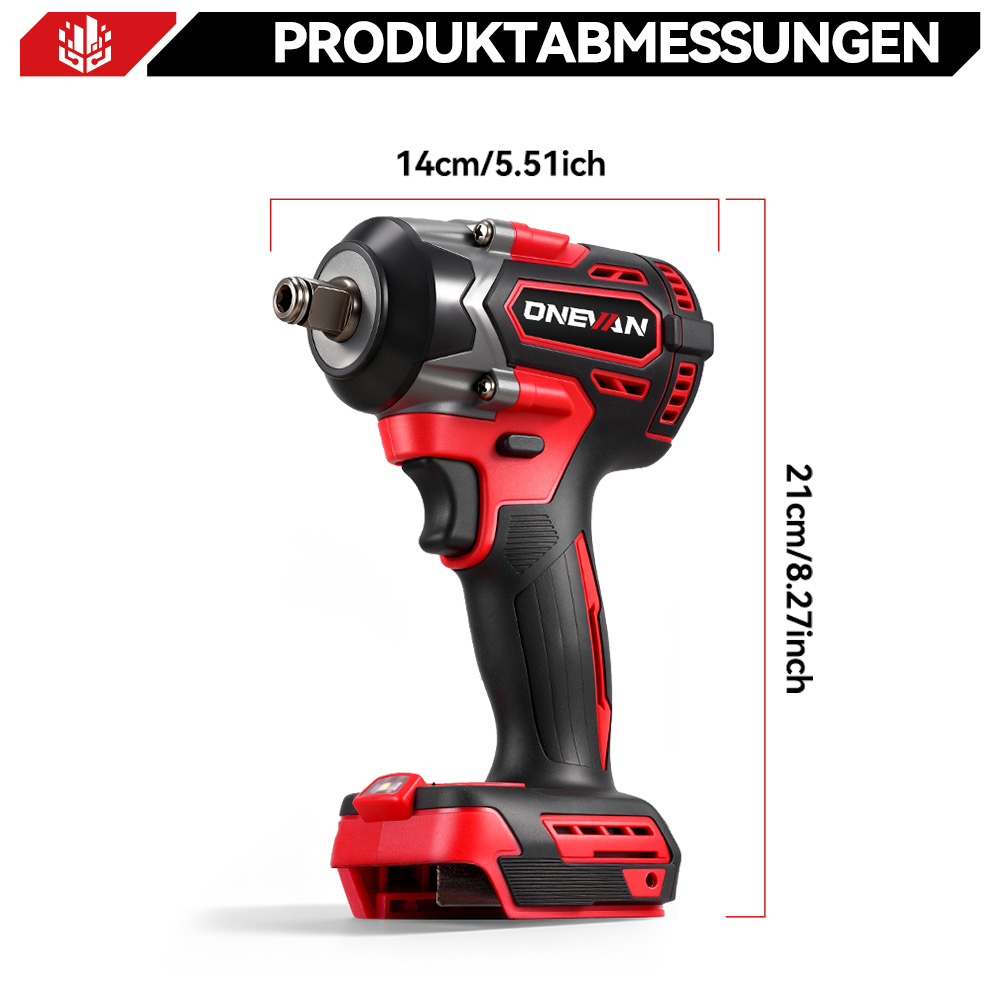 Llave de impacto roja y negra mostrada con dimensiones 14cm y 21cm.