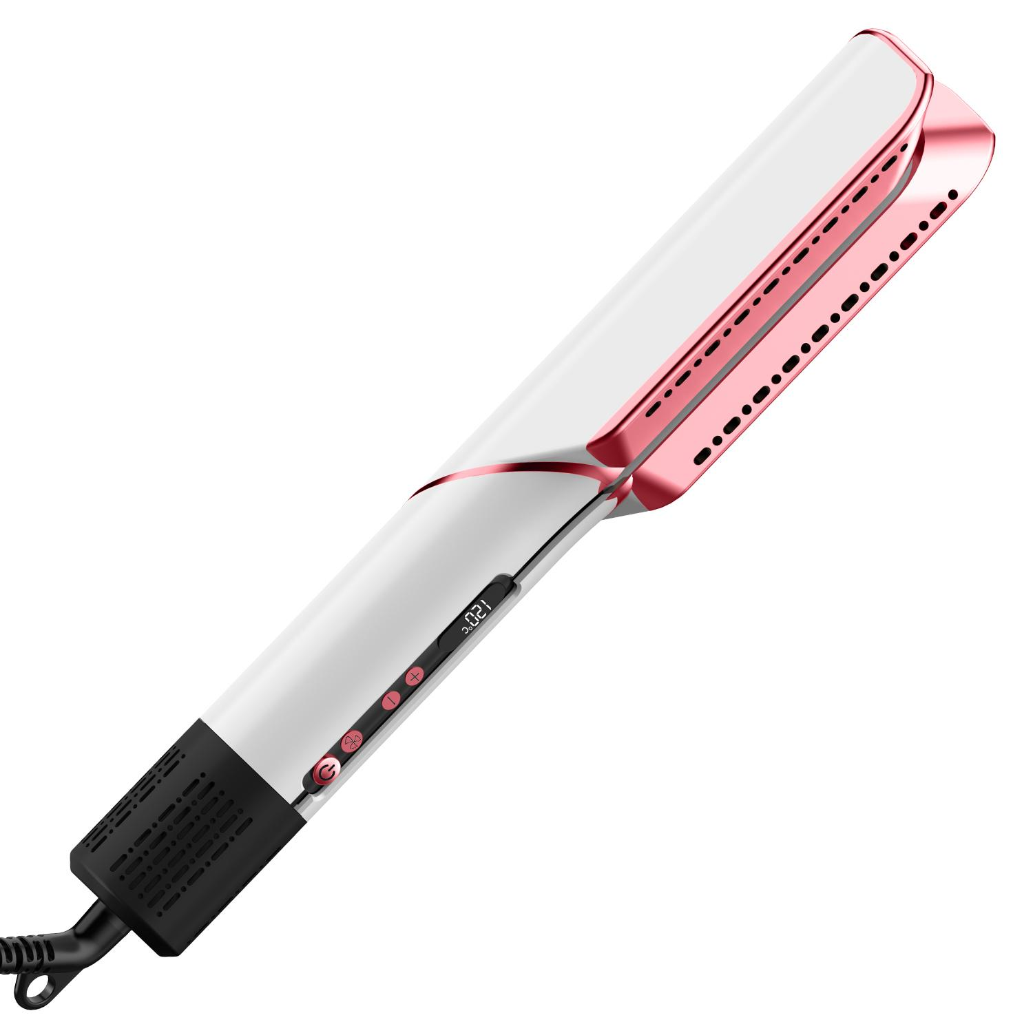 Ein weißer und roségoldener Glätteisen mit digitalen Anzeigen und Tasten.