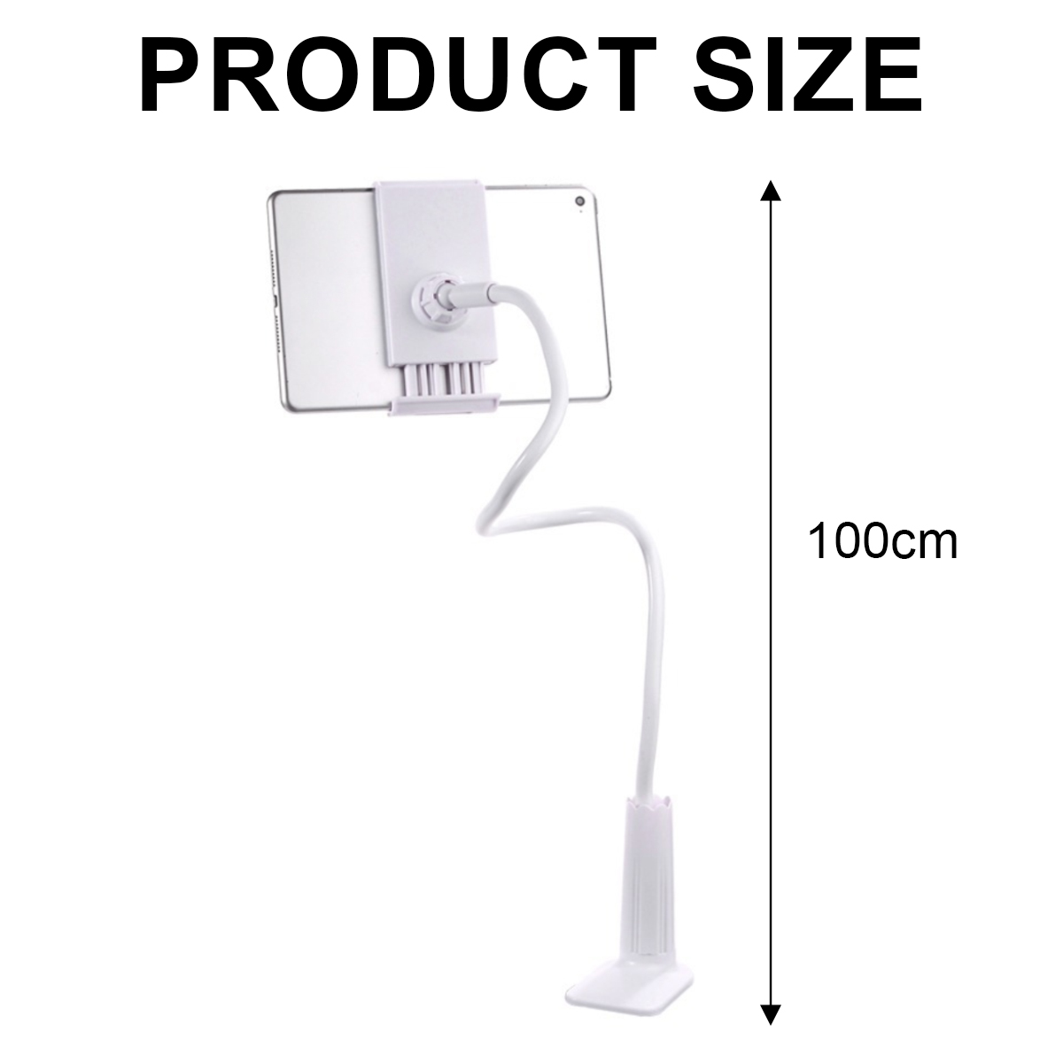 Ein weißer Tablet-Ständer mit flexiblem Arm, 100 cm hoch.