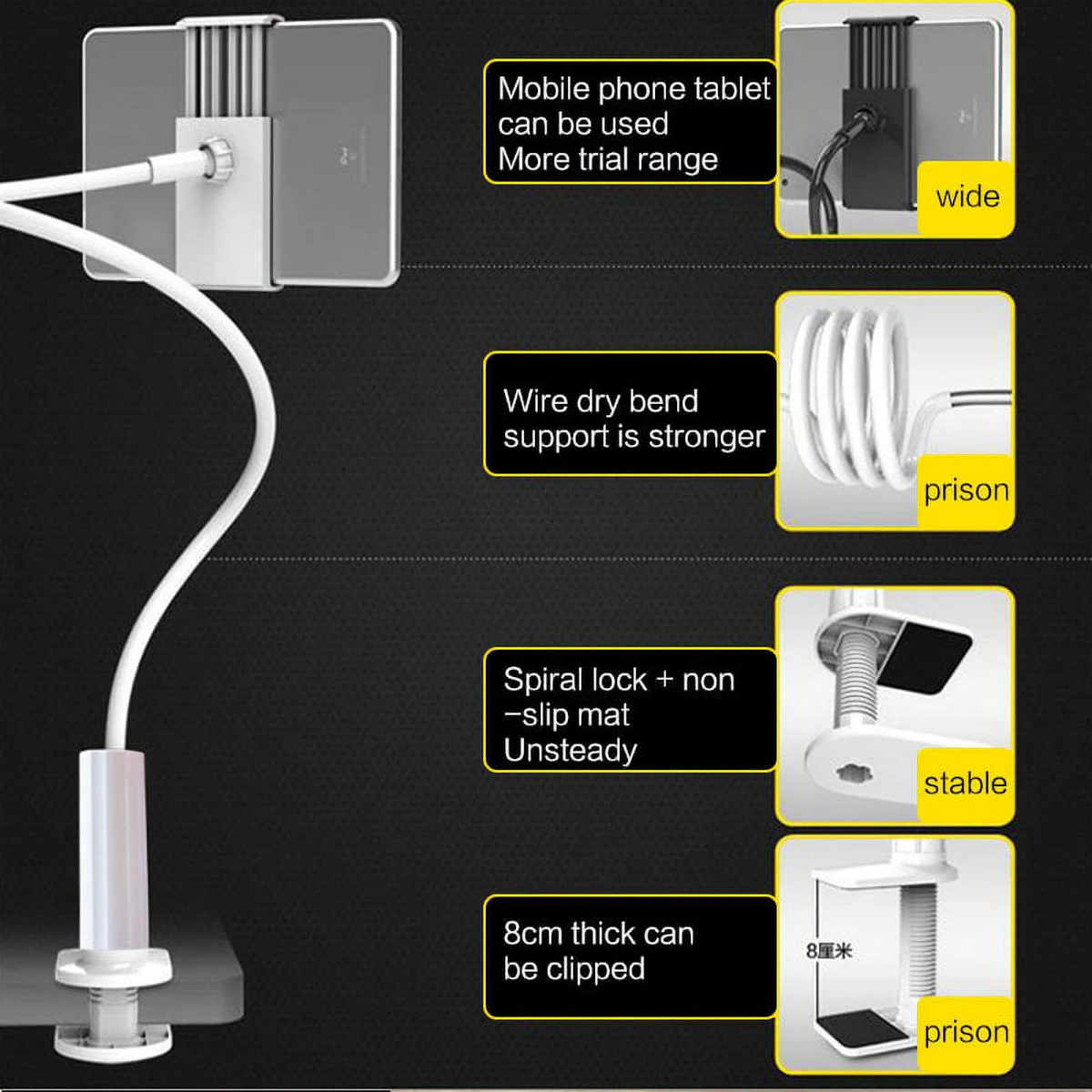 Ein Handy-Tablet-Halter mit breiter Klemmung, starker Feder und 8cm Klemmung.
