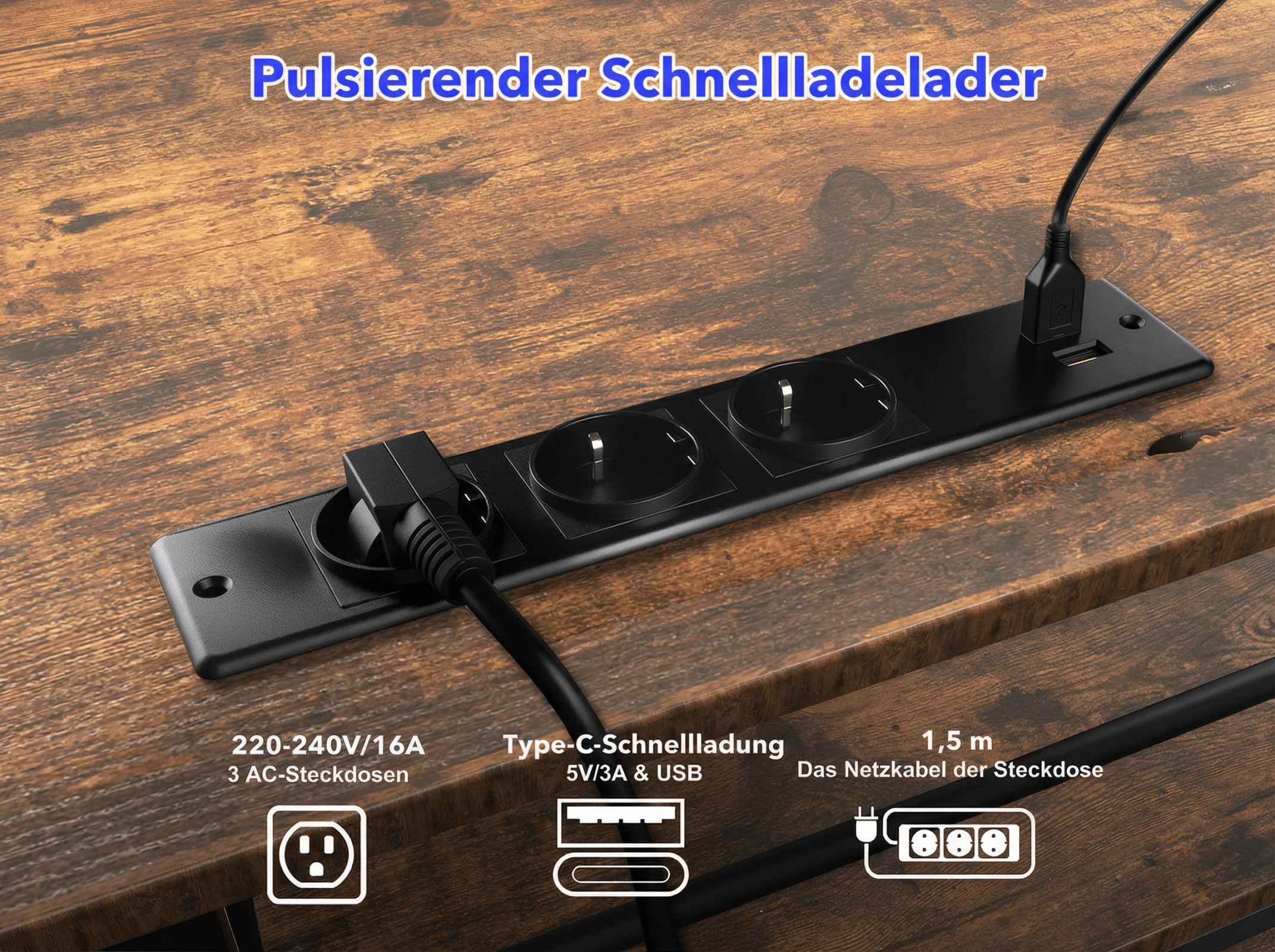 Schwarze Steckdosenleiste mit drei Steckplätzen, USB und Typ-C-Anschluss.