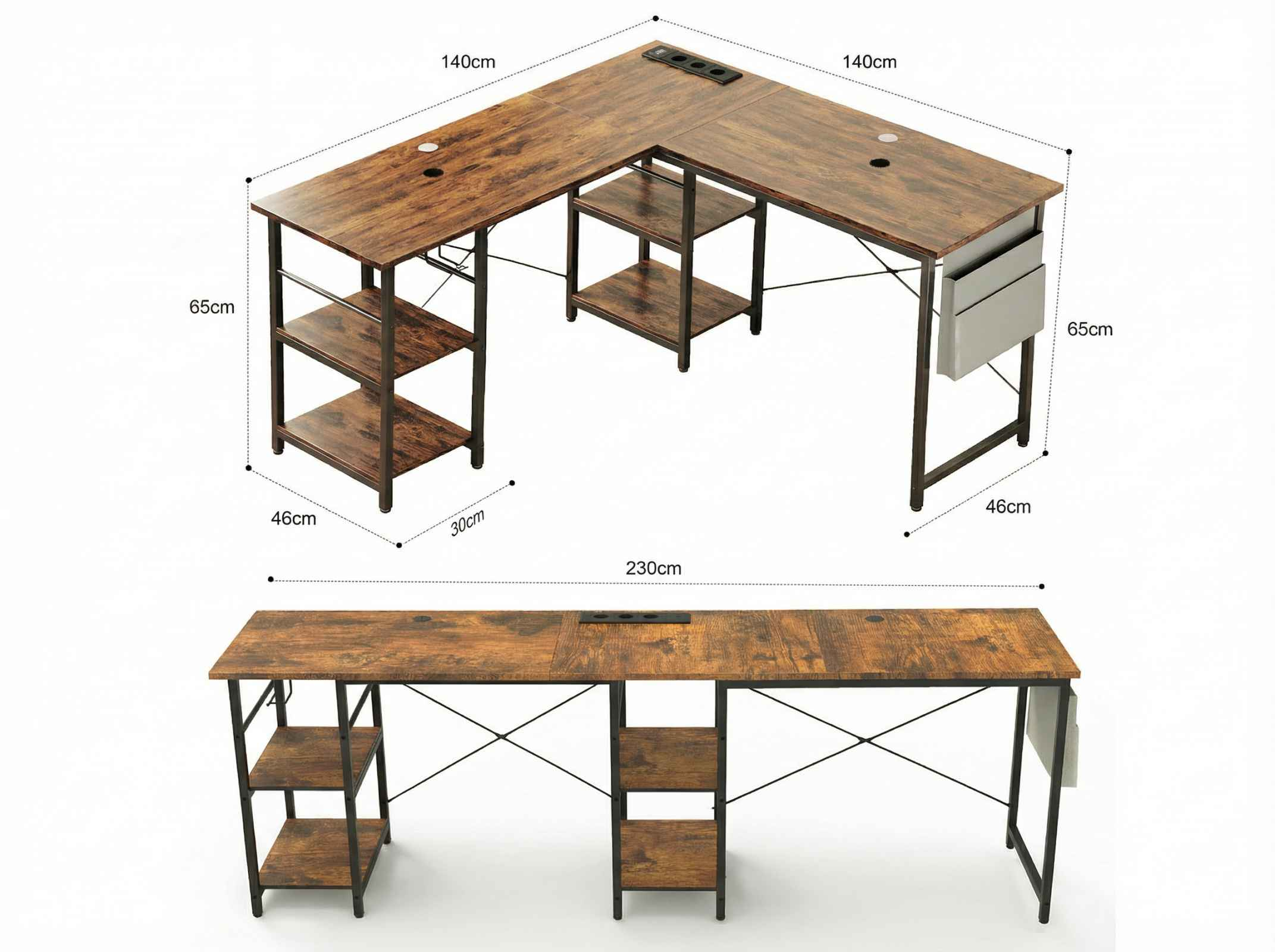 L-förmiger Schreibtisch mit Holzmaserung und schwarzen Metallbeinen, mit Regalen.