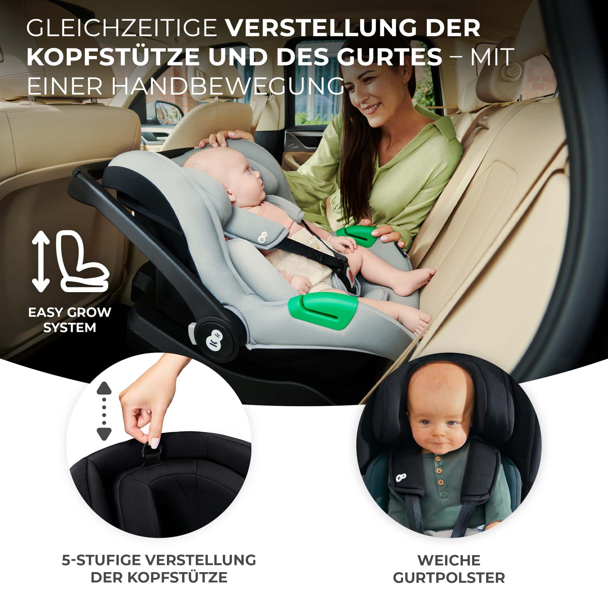 Baby im Kindersitz mit Mutter im Auto, einfache Verstellung des Systems.