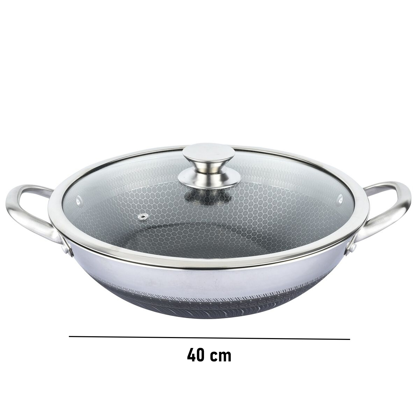 Un wok de 40 cm avec couvercle en verre et deux poignées.