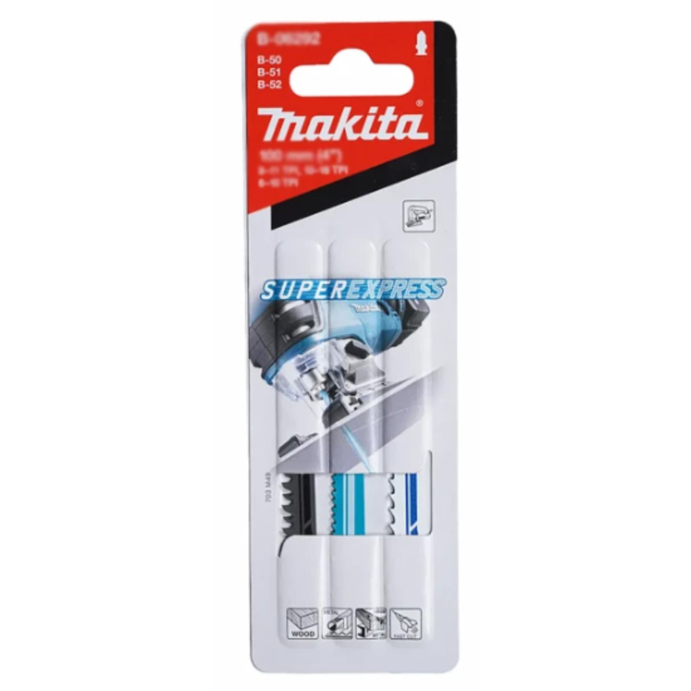 Makita SuperExpress zestaw 3 brzeszczotów do wyrzynarki w blistrze z obrazkiem narzędzia.