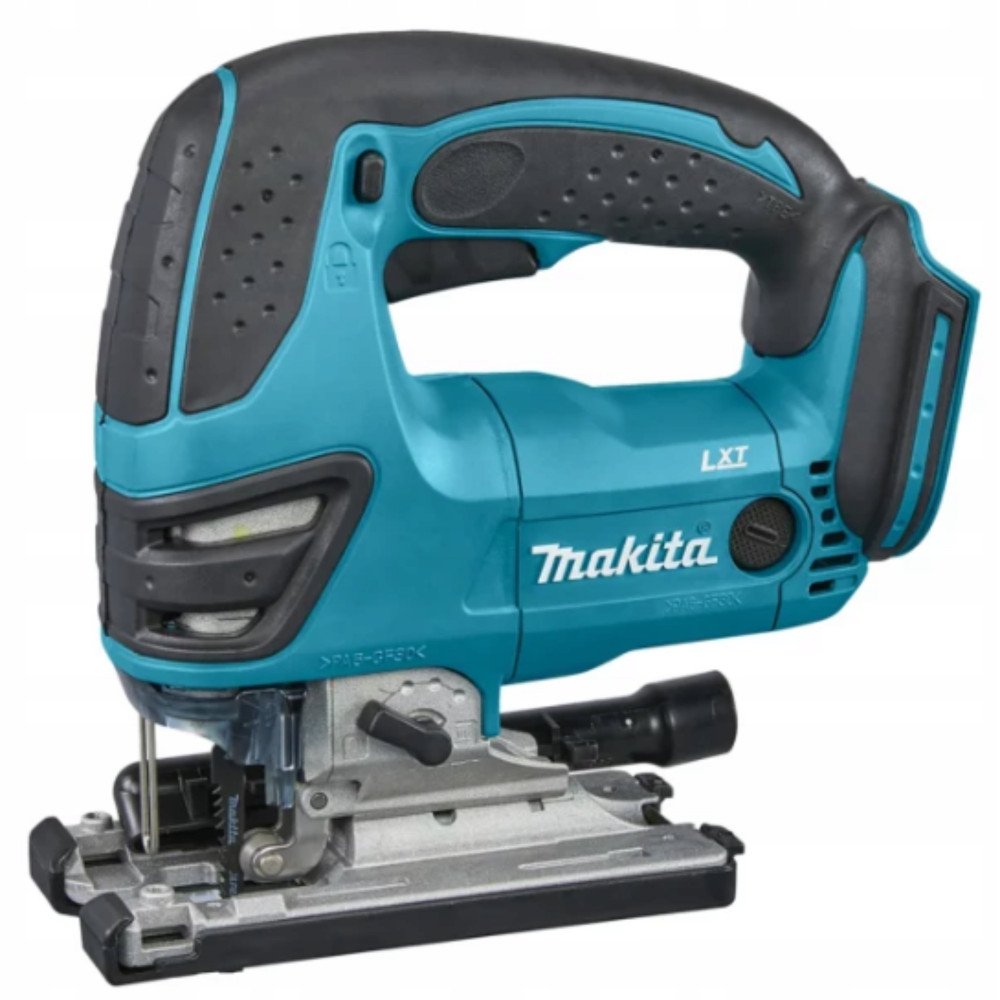 Niebieska i czarna wyrzynarka akumulatorowa Makita na białym tle.