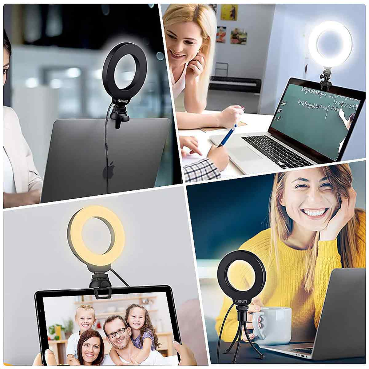 Vier Szenen zeigen Ringlichter, die mit Laptops und Tablets verwendet werden, oft für Videokonferenzen.