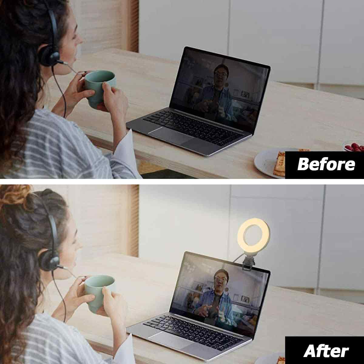 Vorher/Nachher: Frau mit Kopfhörern trinkt aus Becher, Laptop mit/ohne Ringlicht.