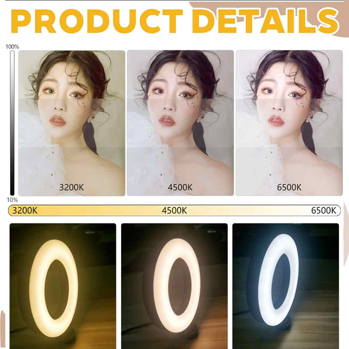 Produktbild zeigt drei Gesichter mit unterschiedlichen Lichtfarben und drei Ringlichter.