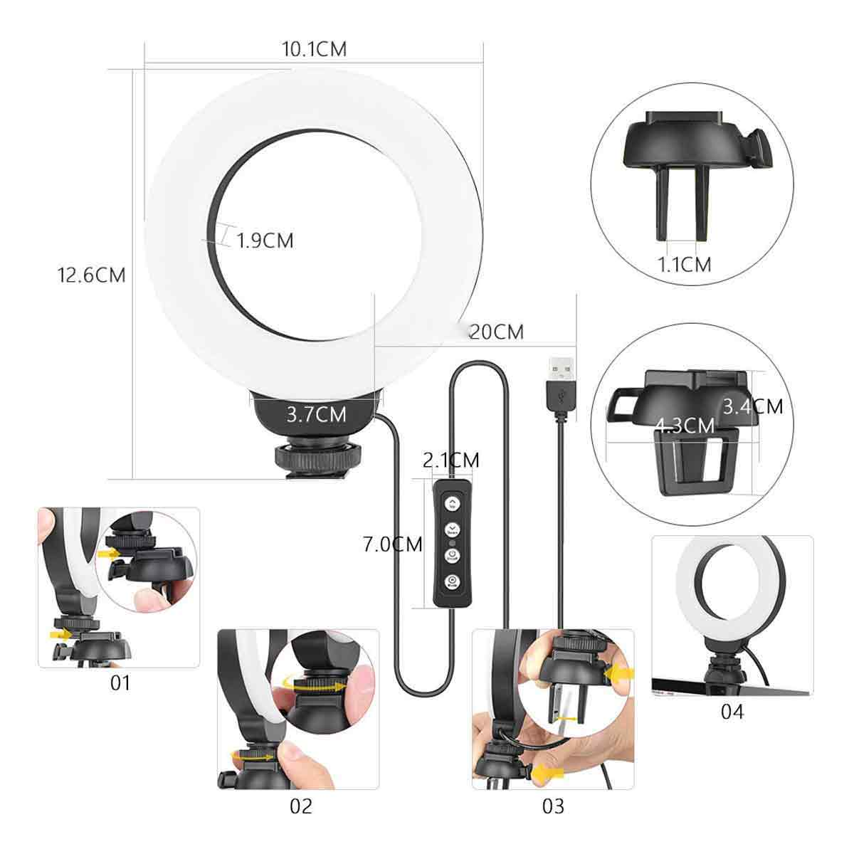 Ringlicht mit Maßen, Kabel, Fernbedienung und Halterungen.