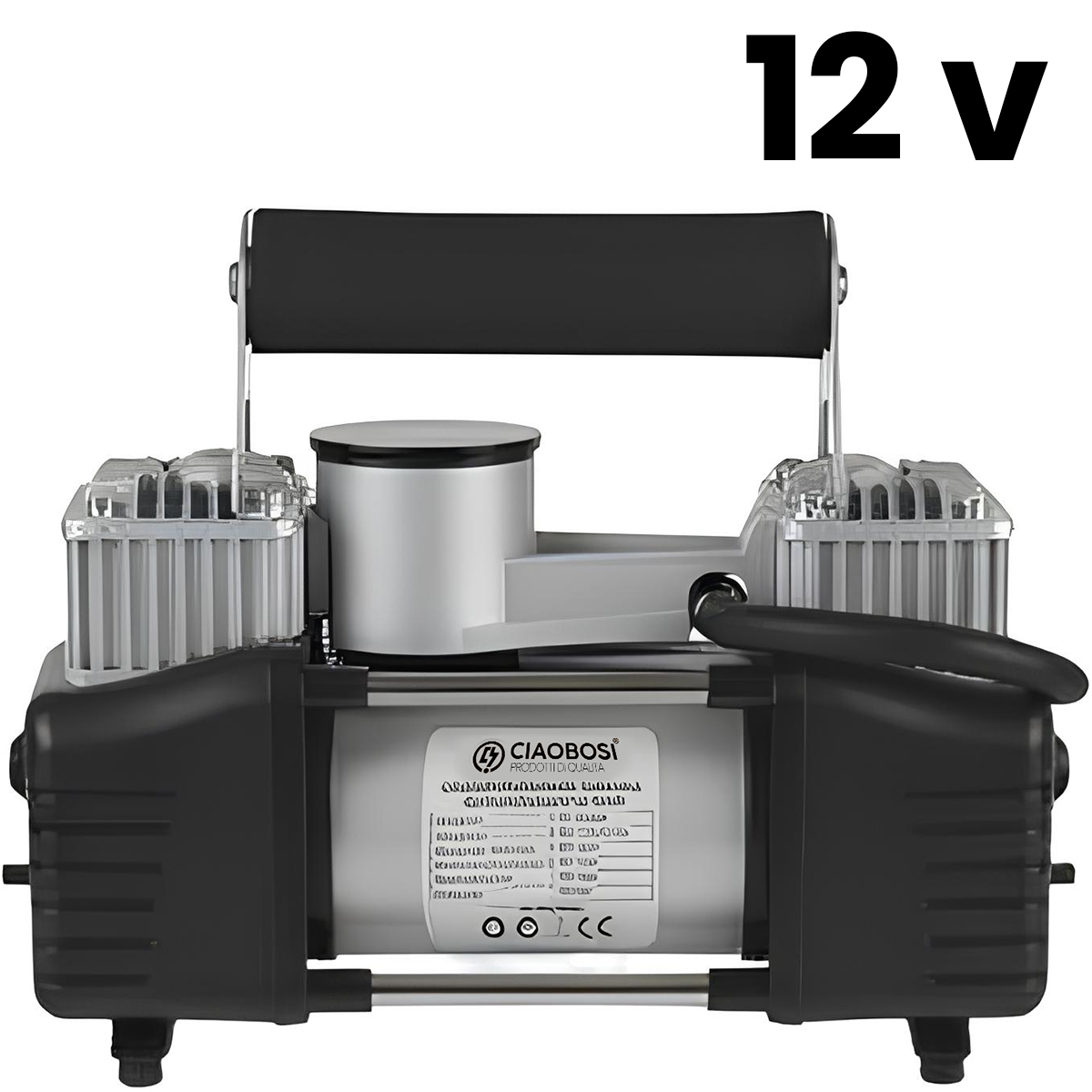 Ein 12V Luftkompressor mit schwarzem Griff, silbernem Zylinder und schwarzen Seitenteilen.