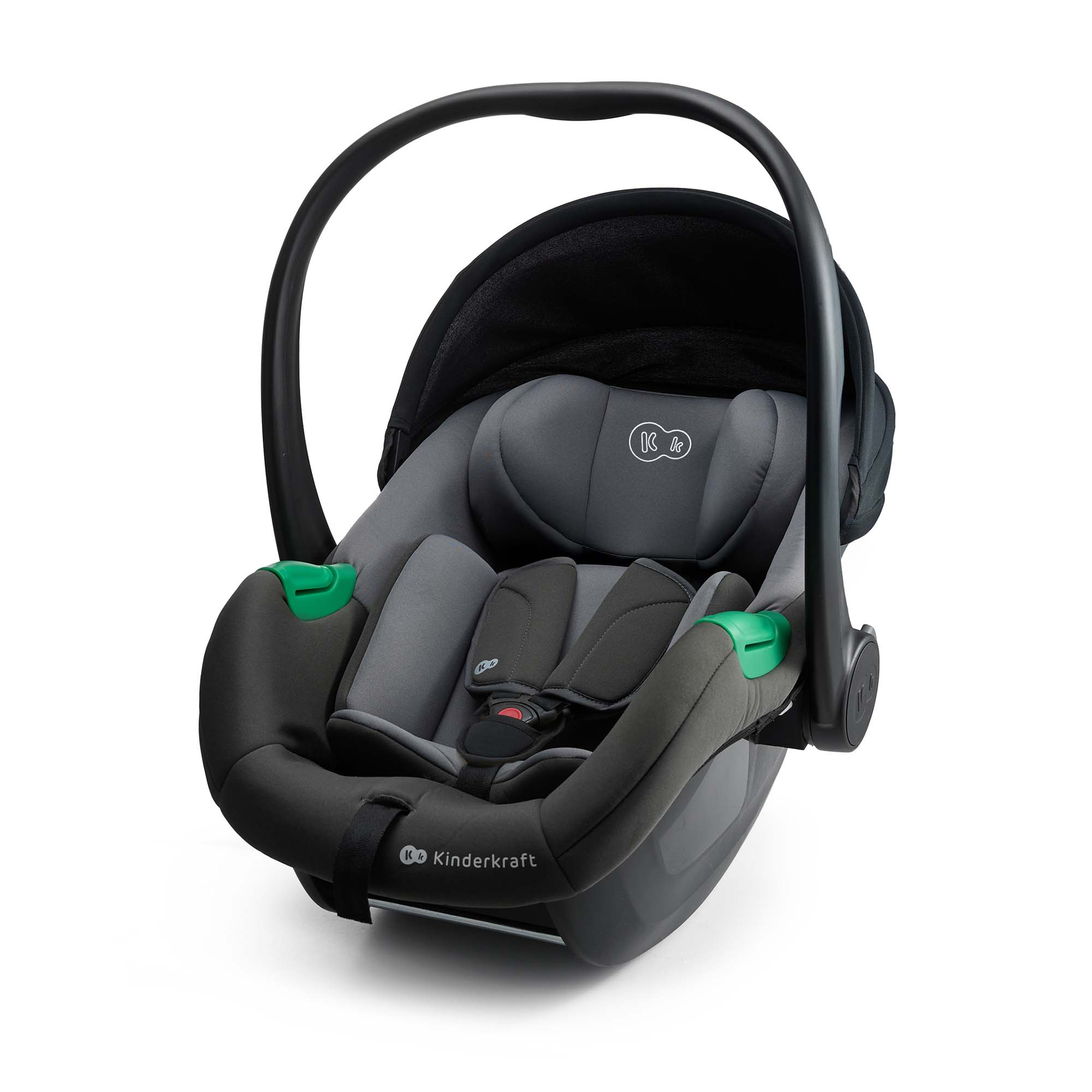 Grauer Kindersitz mit schwarzem Griff und grünen Akzenten.
