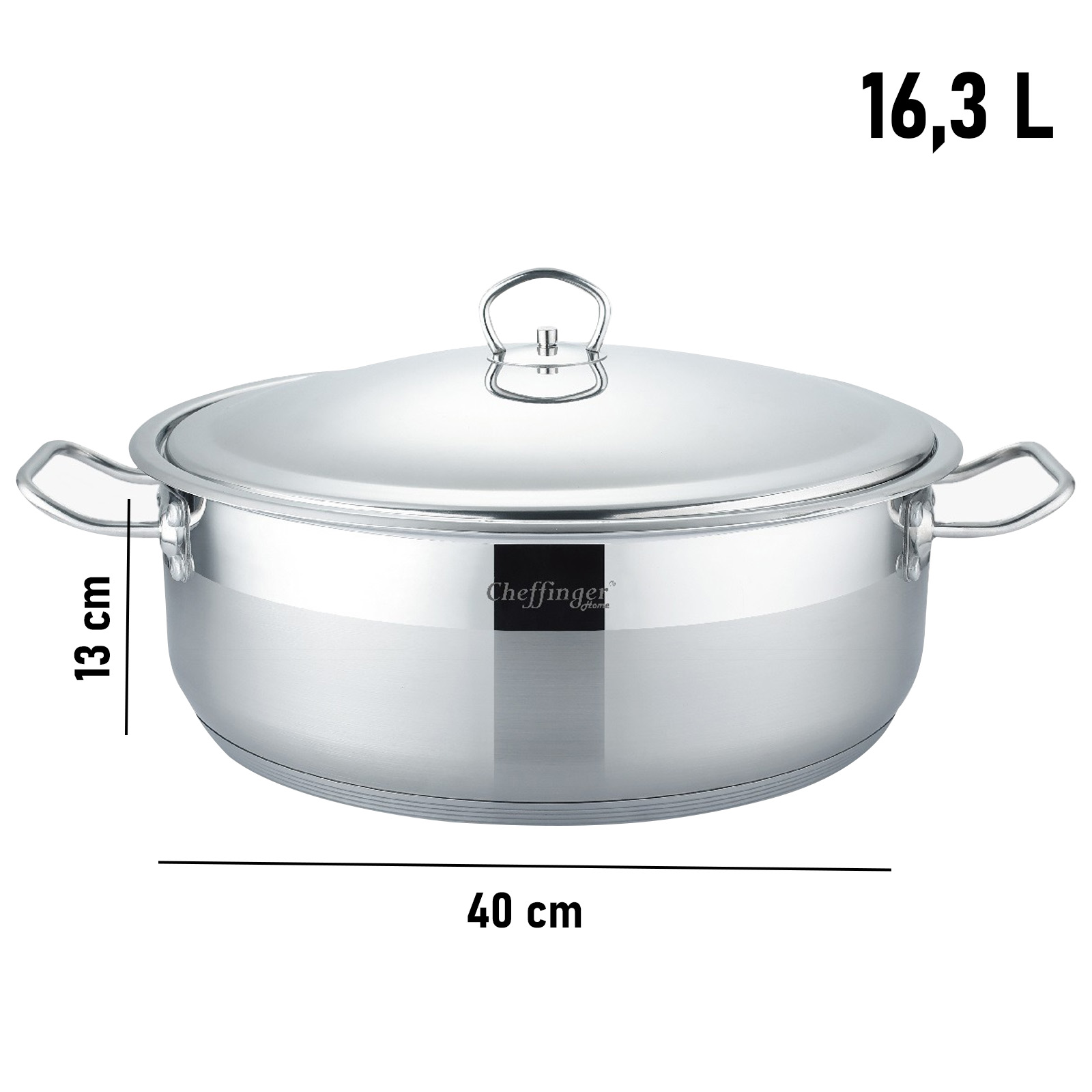 Edelstahlkochtopf mit Deckel, 40 cm Durchmesser, 13 cm Höhe, 16,3 L.