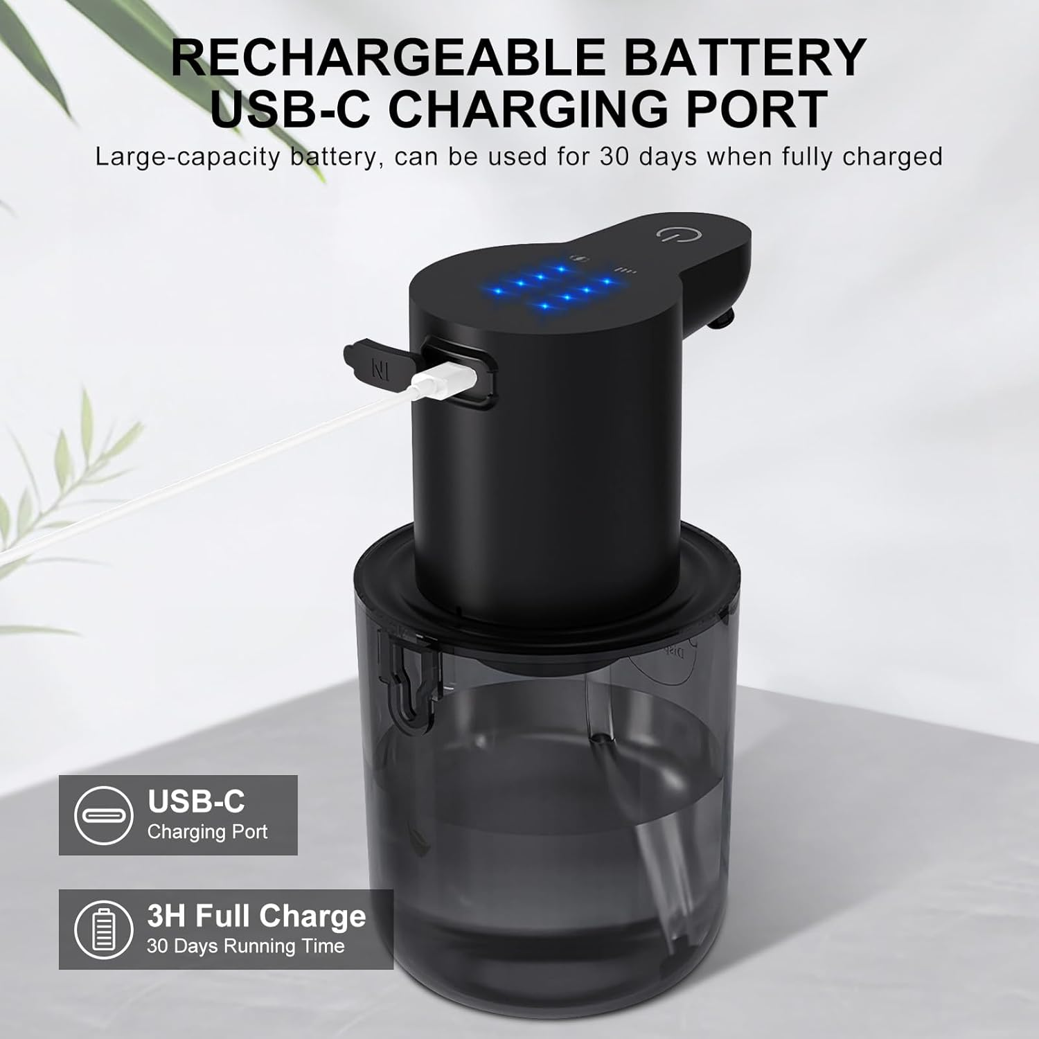 Schwarzer Seifenspender mit USB-C-Anschluss und blauem Lichtindikator.