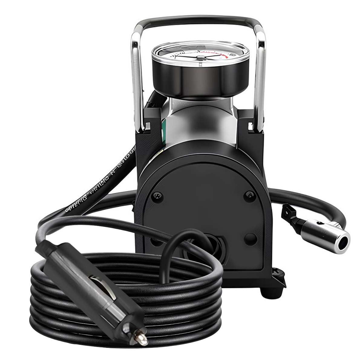 Schwarzer tragbarer Luftkompressor mit Manometer und Autostecker.