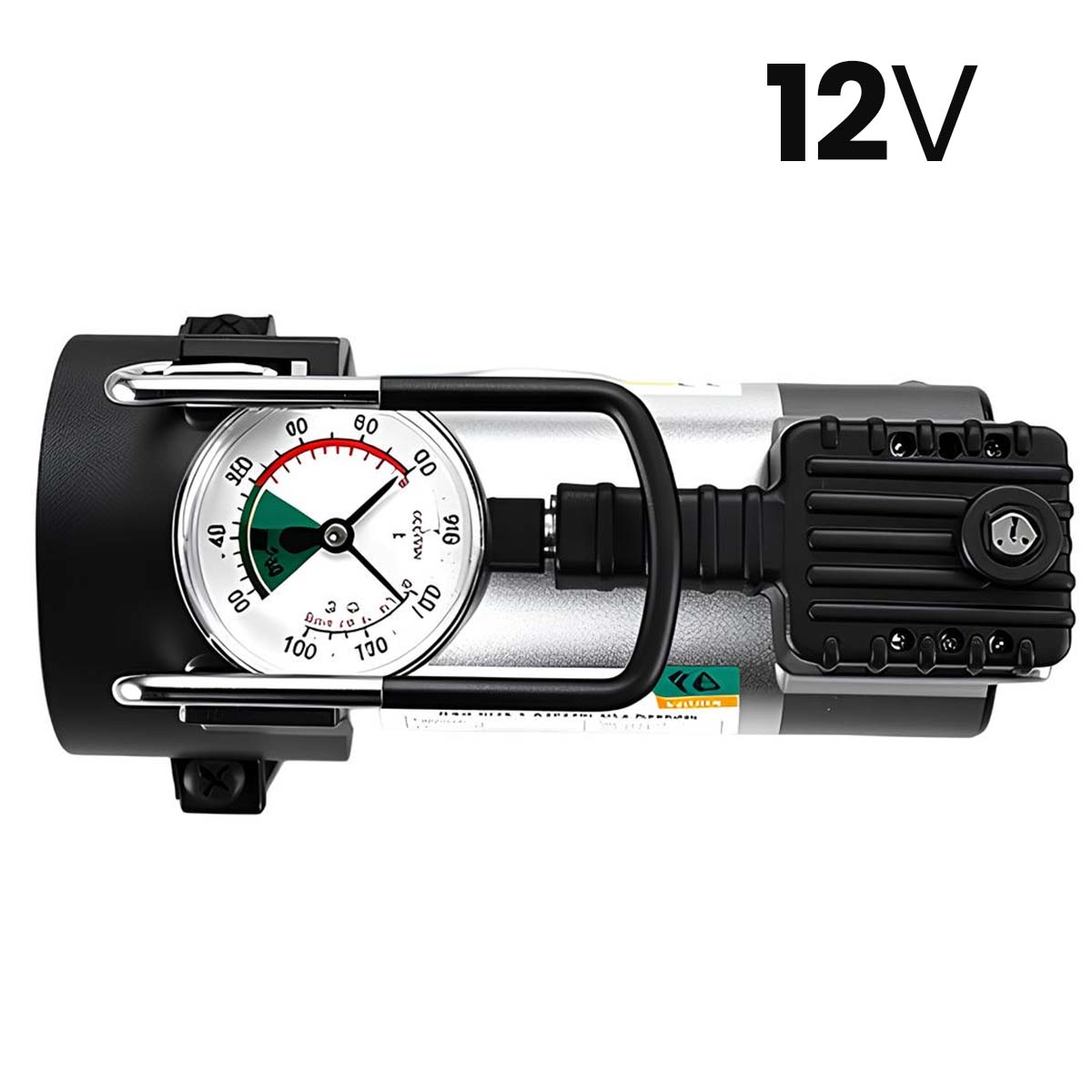 Ein 12V tragbarer Luftkompressor mit einer Anzeige, die 40 PSI anzeigt. Silber und schwarz.
