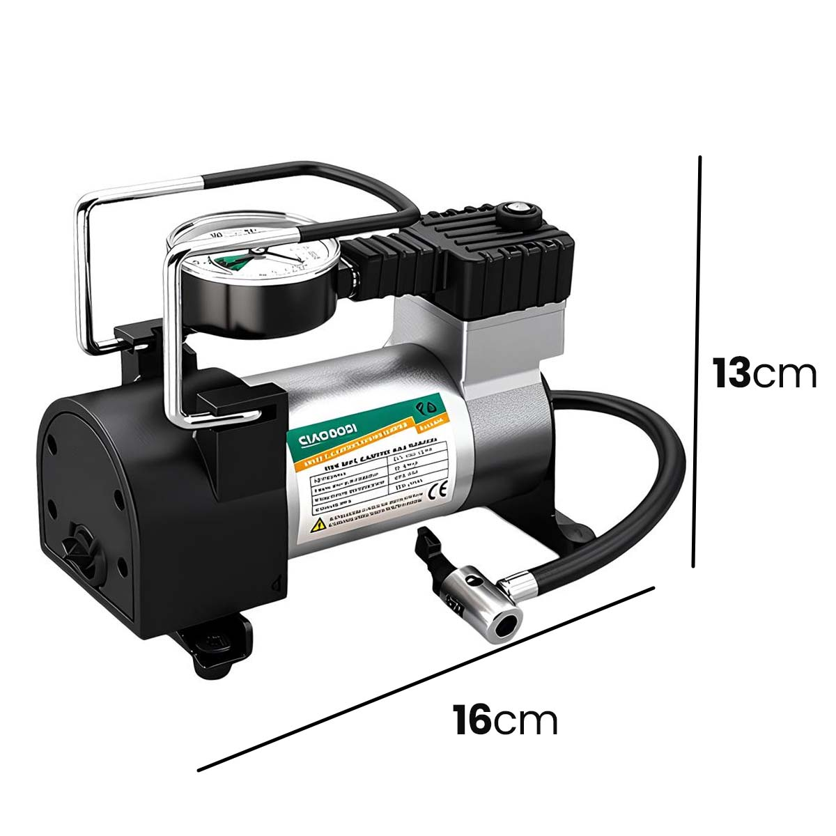 Ein tragbarer Kompressor mit Manometer, Schlauch und Kabel.