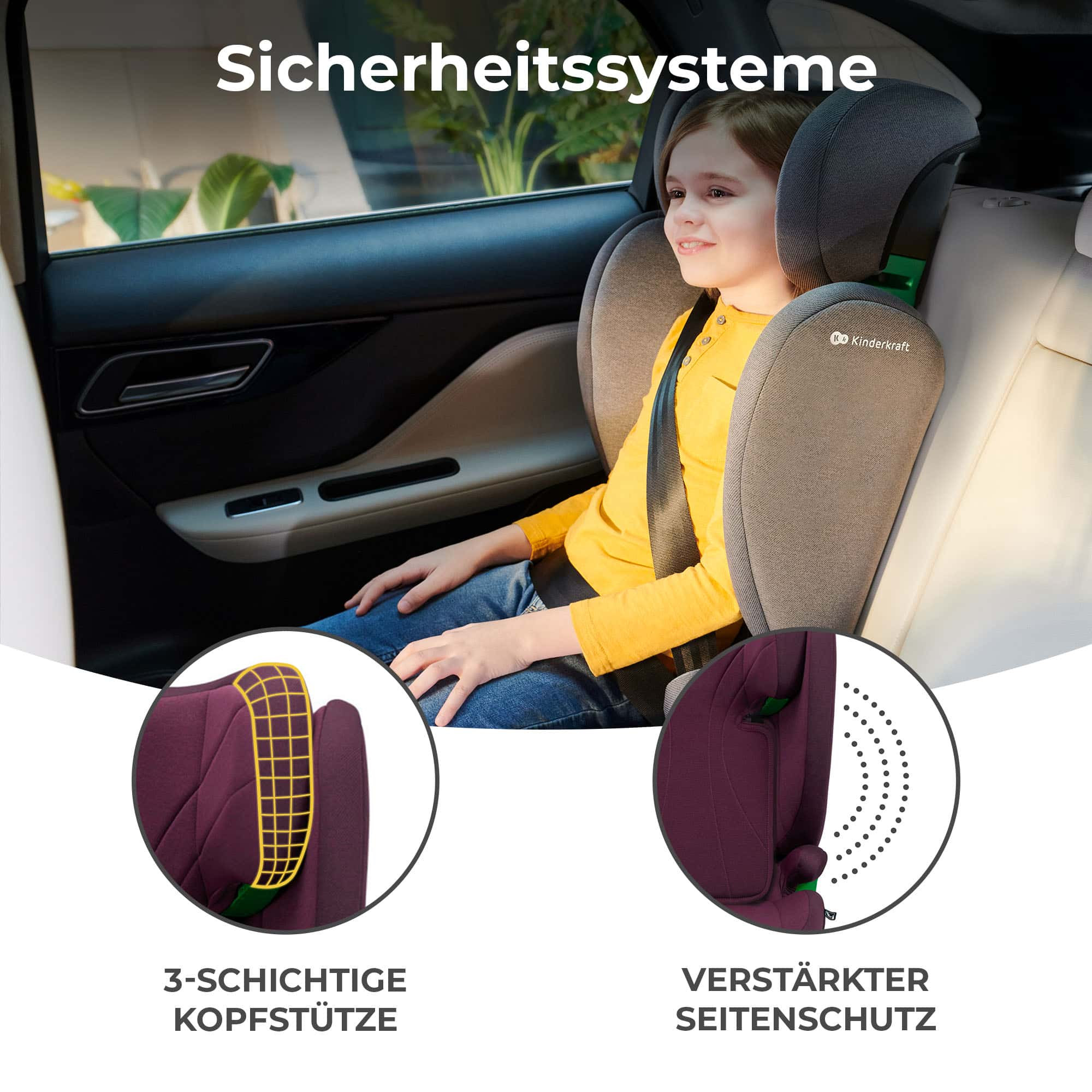 Niño en silla de auto con reposacabezas y protección lateral