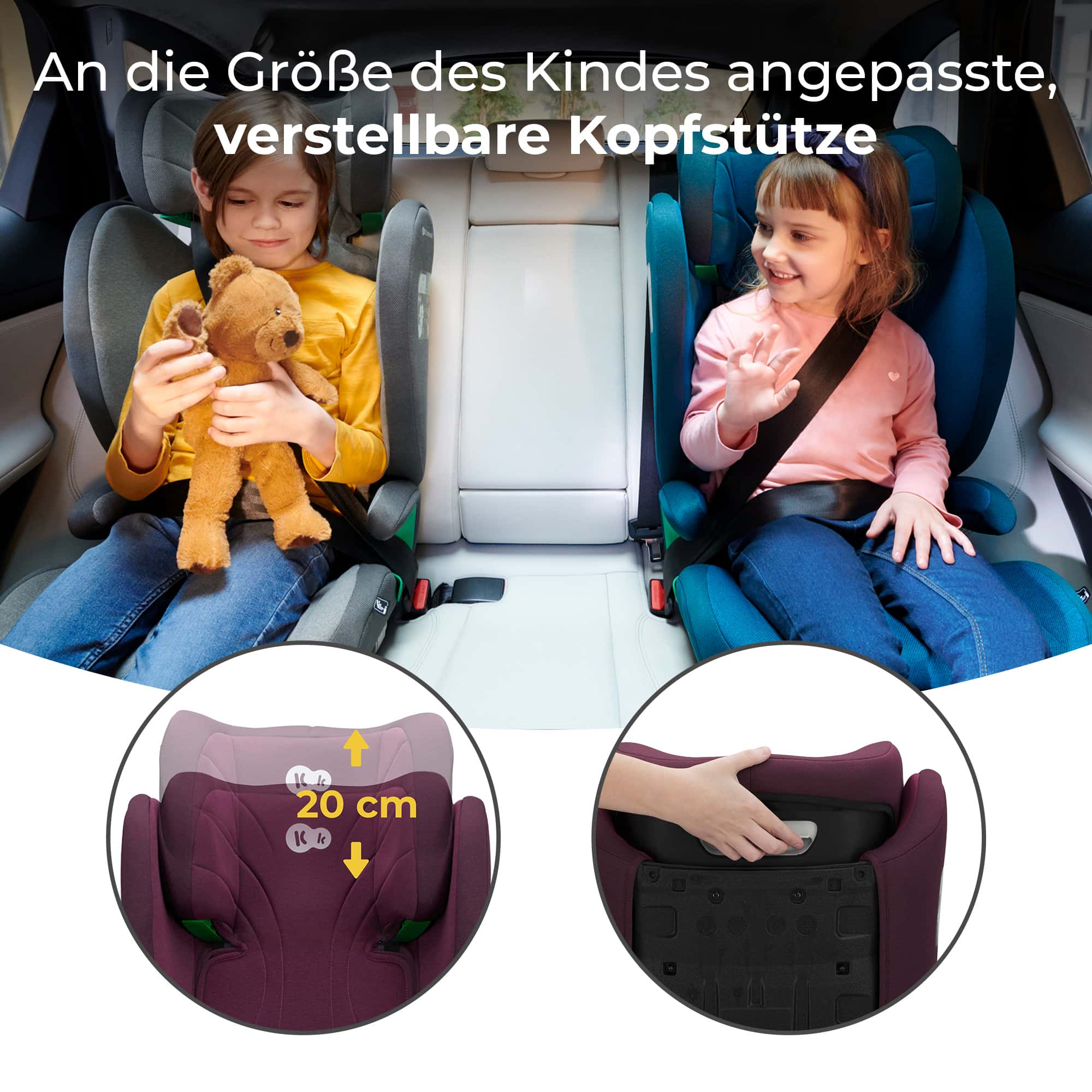 Dos niños sentados en sillas de auto. Una silla es morada, la otra turquesa.