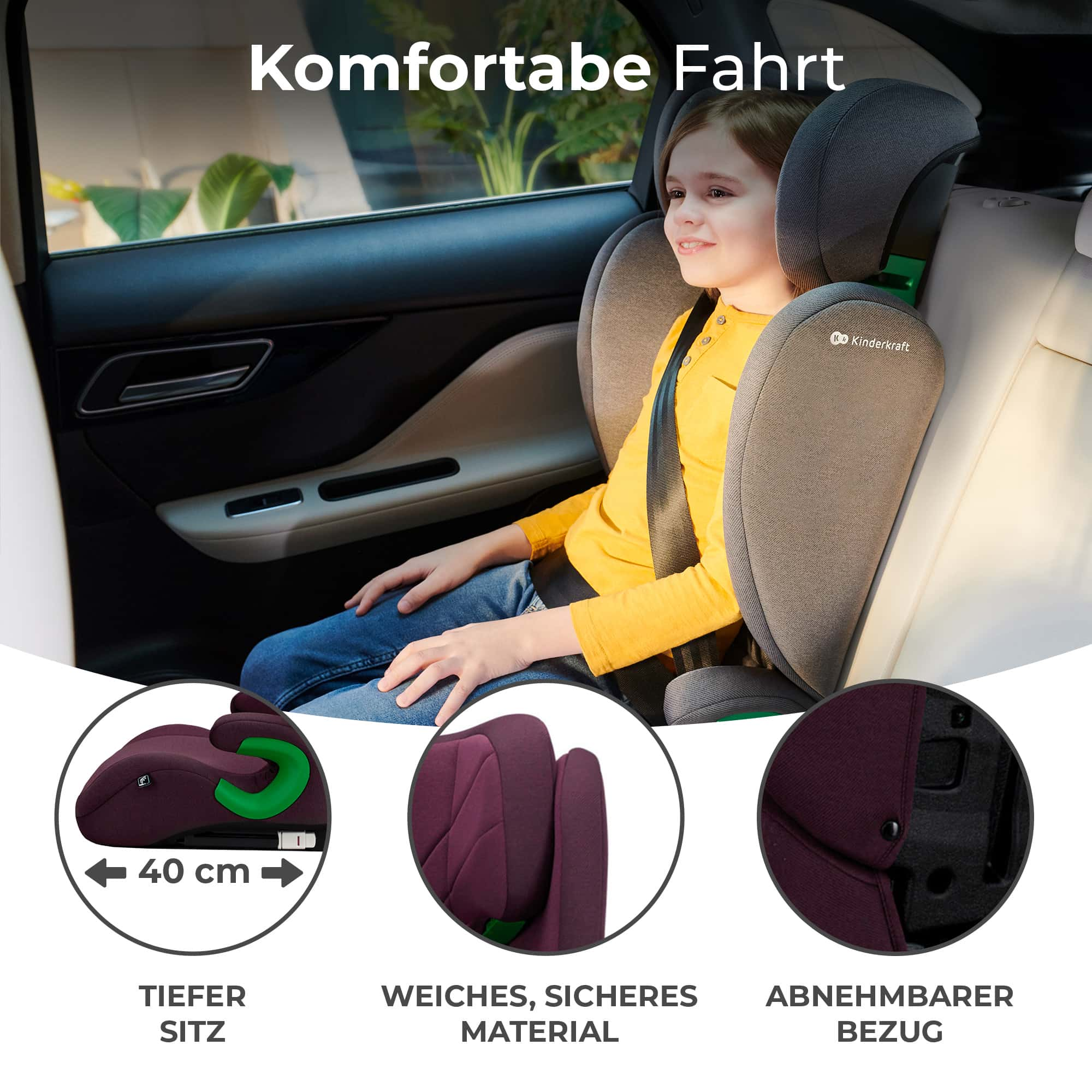 Una niña se sienta en una silla de coche en un automóvil. Primeros planos muestran el asiento.
