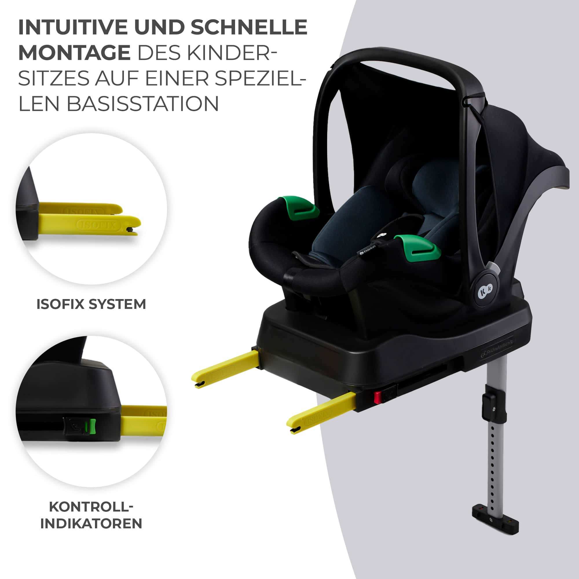 Schwarzer Kindersitz auf einer Isofix-Basisstation mit gelben Haltearmen.