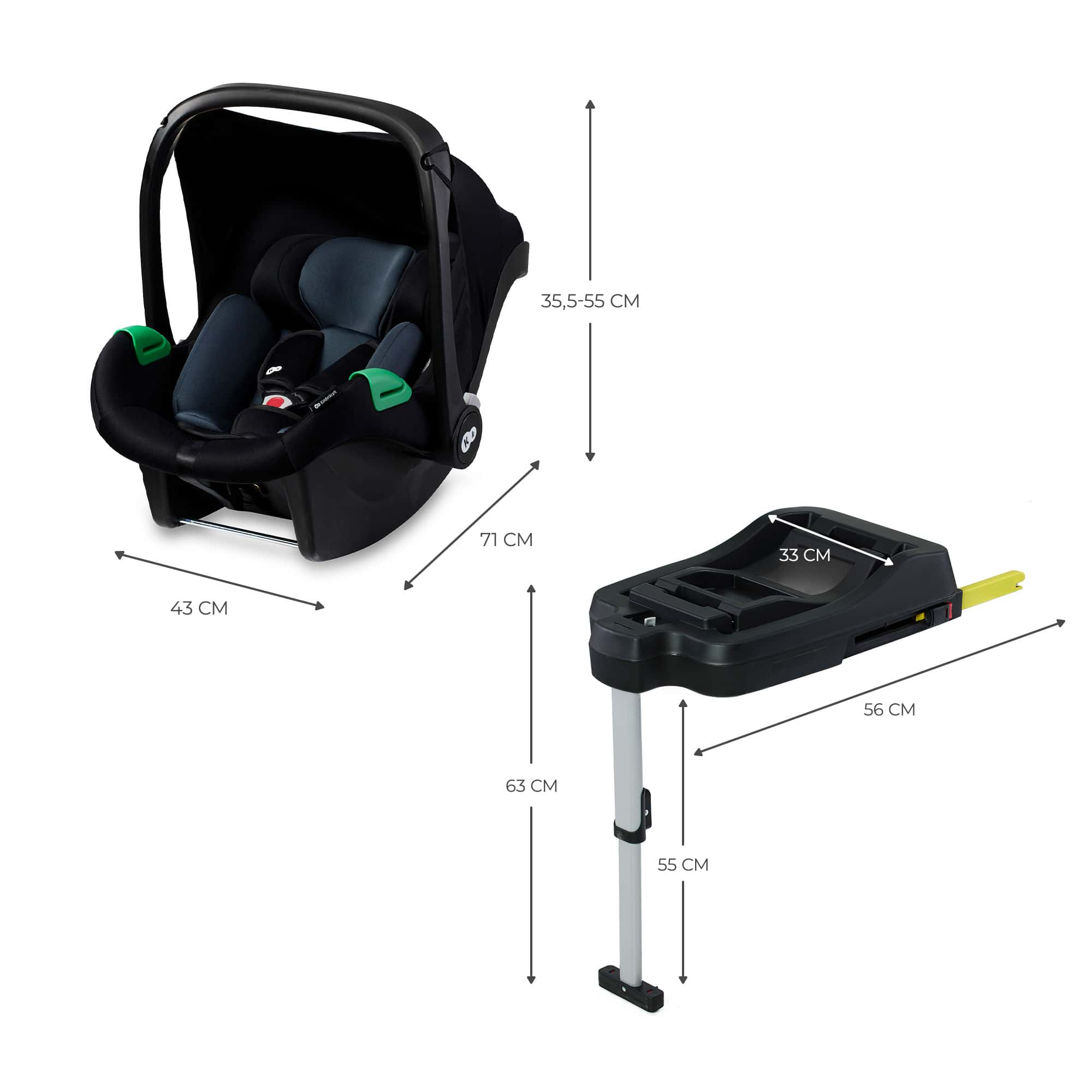 Schwarze Babyschale mit grauen Polstern und Isofix-Basis. Maße sind angegeben.