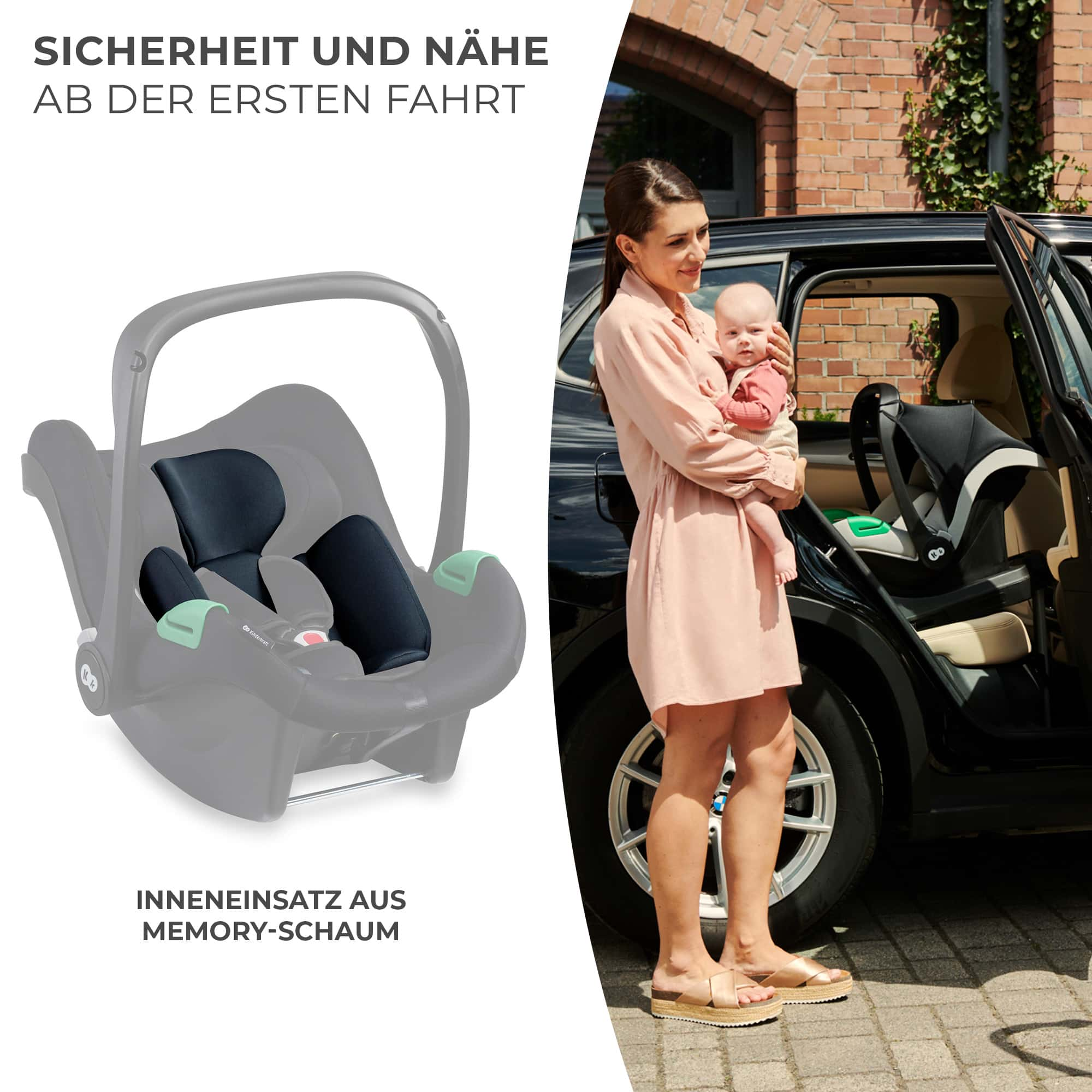 Frau hält Baby vor Auto mit Kindersitz. Grauer Kindersitz mit Sitzverkleinerer.
