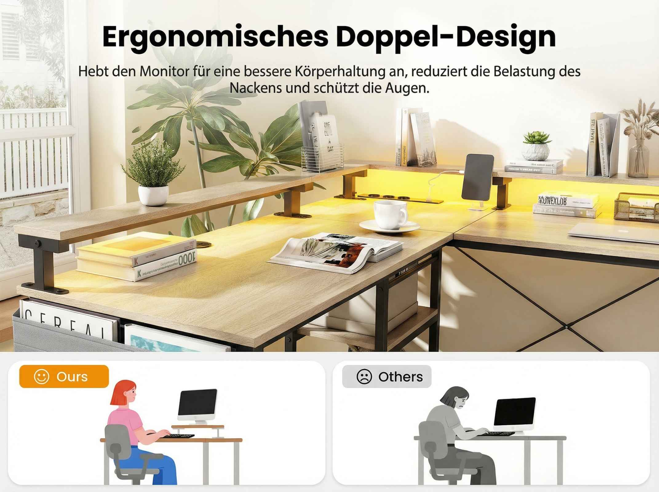 Ergonomischer Schreibtisch mit Regal und Beleuchtung. Zwei Szenarien: 'Wir' mit guter Haltung, 'Andere' mit schlechter.