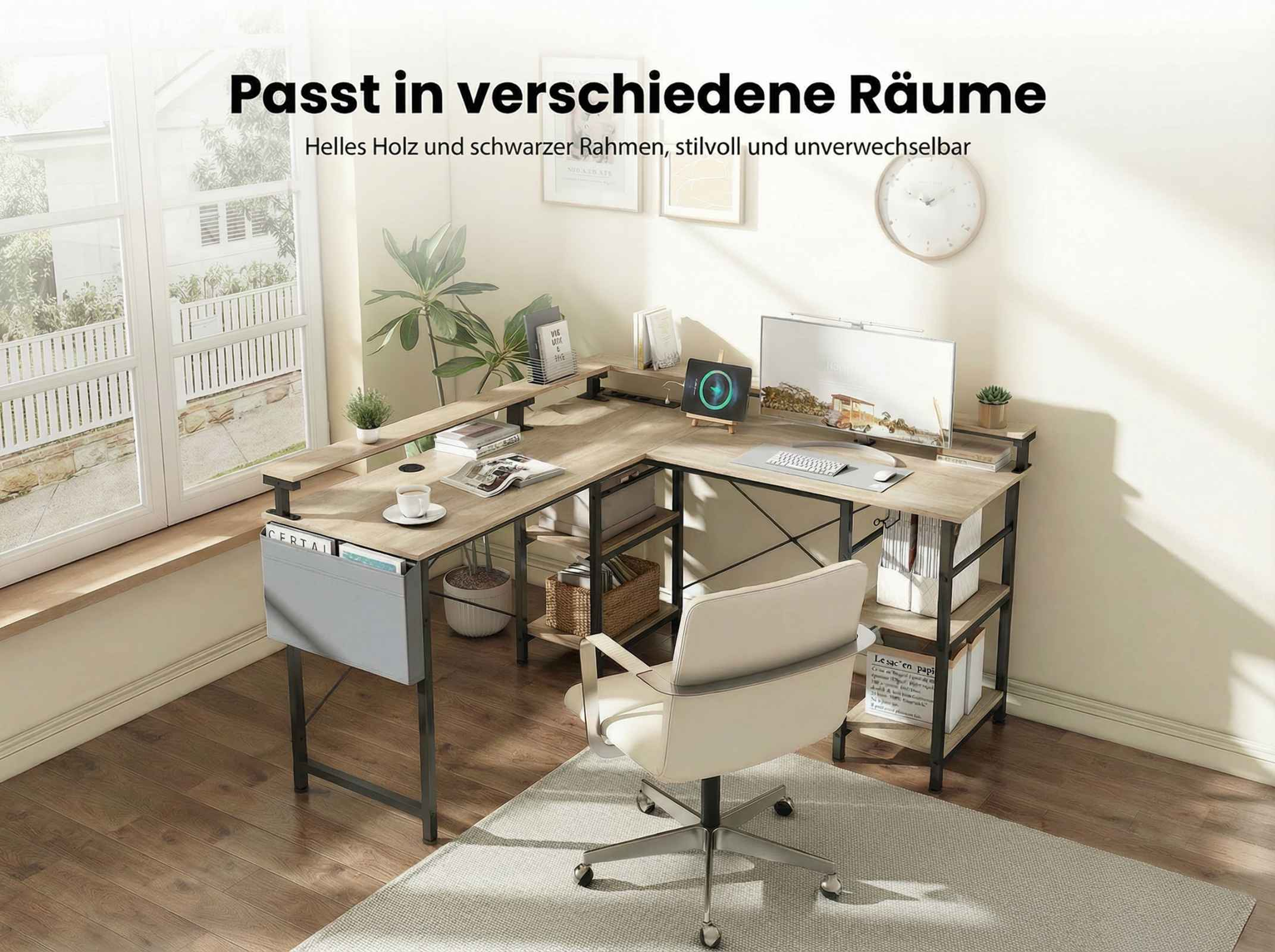 Ein Eckschreibtisch mit hellem Holz und schwarzen Metallrahmen, ein Bürostuhl.