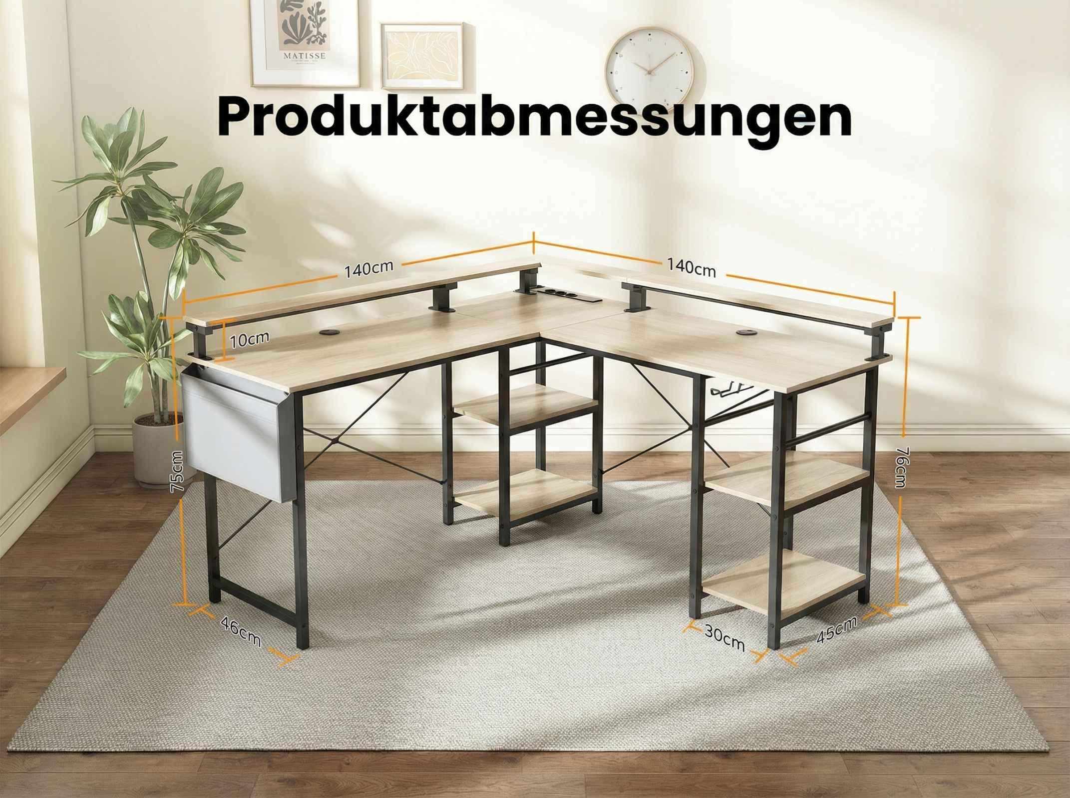 Eckschreibtisch mit Holzplatte, schwarzen Metallbeinen und Regalen. Maße sind angegeben.