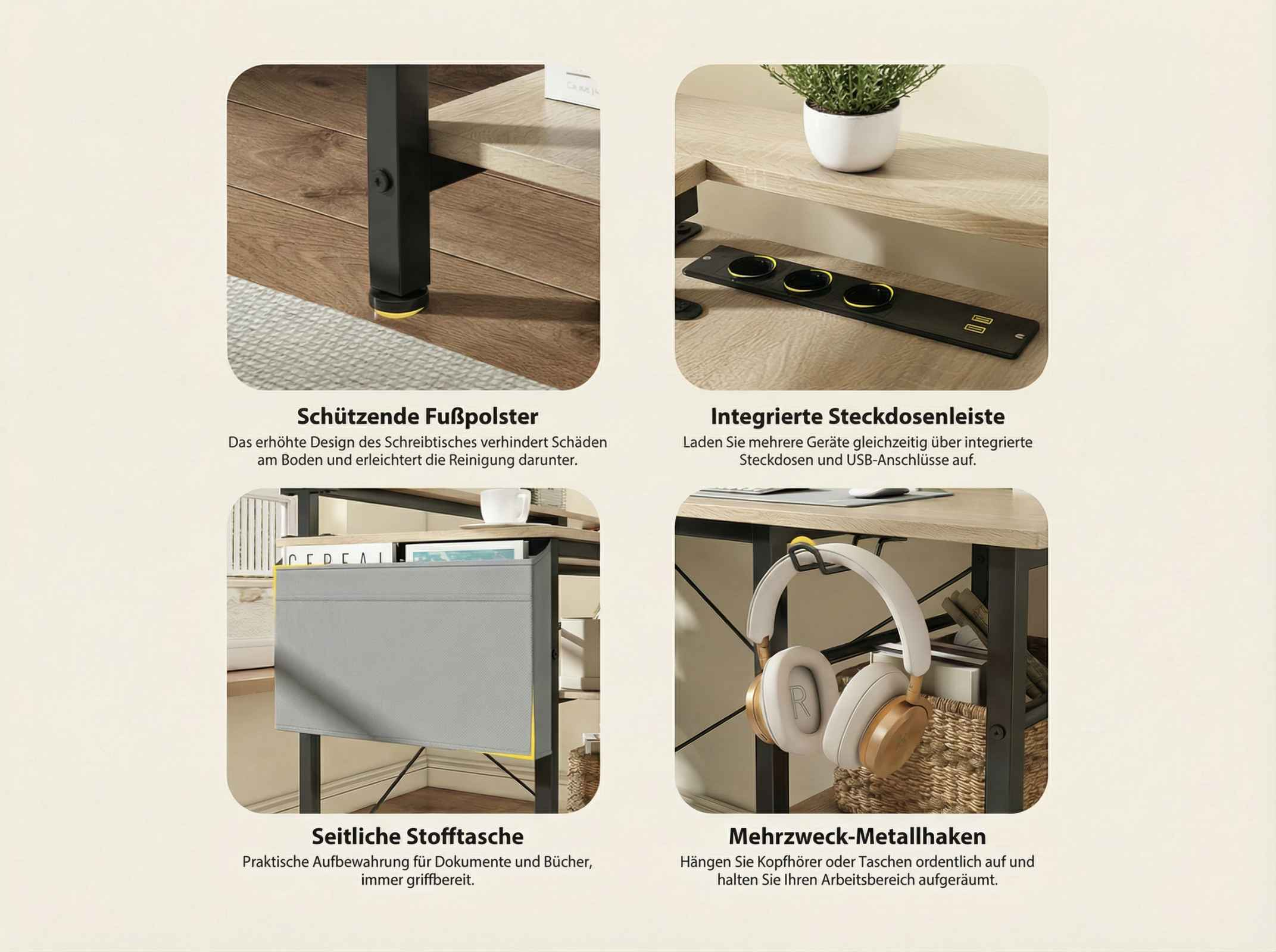Schreibtisch mit Schutzpolstern, Steckdosenleiste, Stofftasche und Haken.