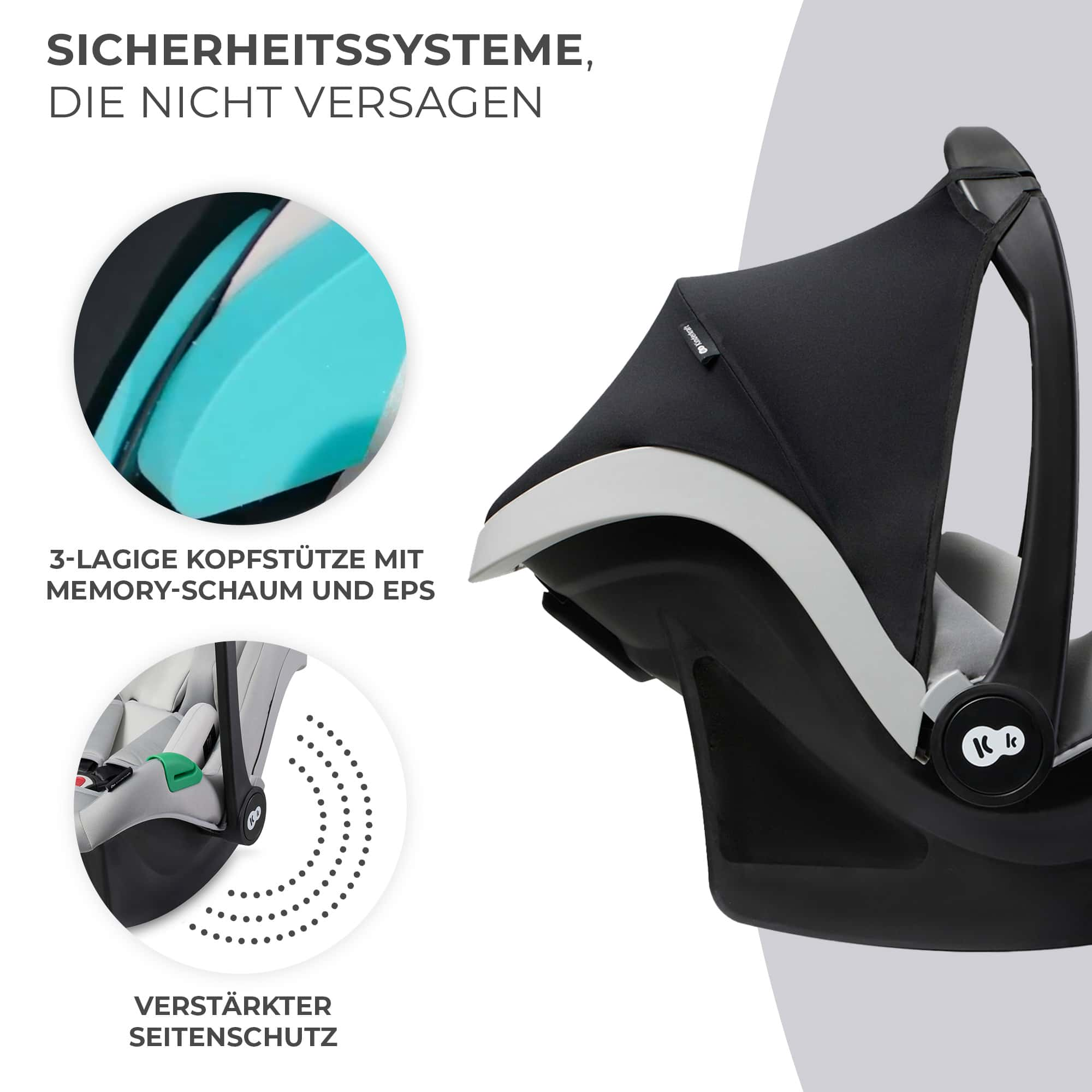 Schwarzer Kindersitz mit Sonnendach. Details zeigen Polsterung und Seitenschutz.
