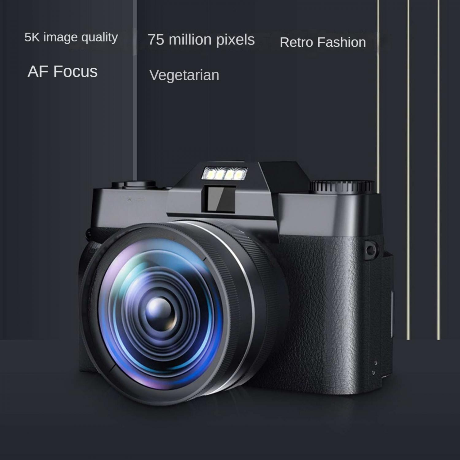 Eine schwarze Kamera mit Retro-Design, 5K-Bildqualität und 75 Megapixeln.