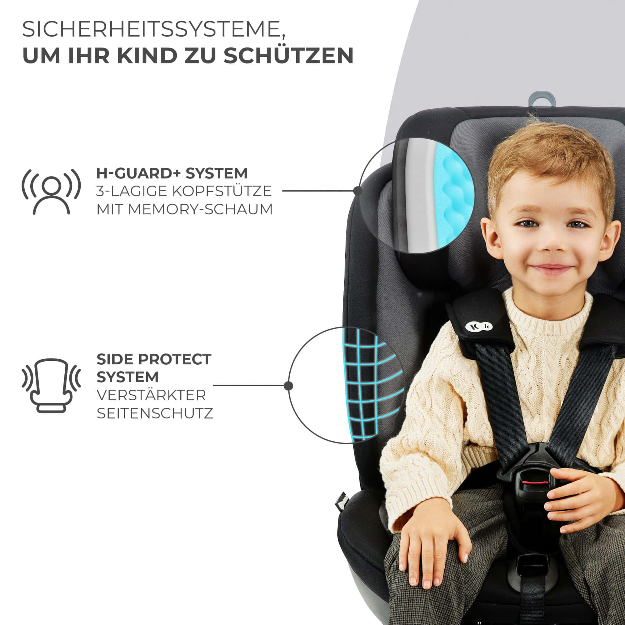 Ein lächelnder Junge sitzt in einem Kindersitz mit Schutzsystemen.