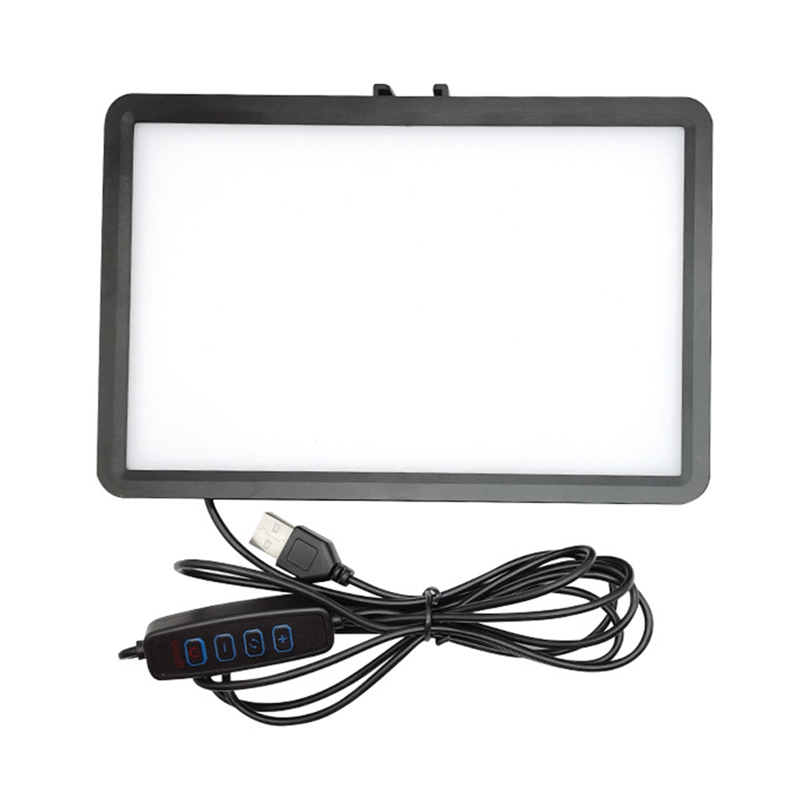 Ein rechteckiges LED-Licht mit schwarzem Rahmen und USB-Kabel.