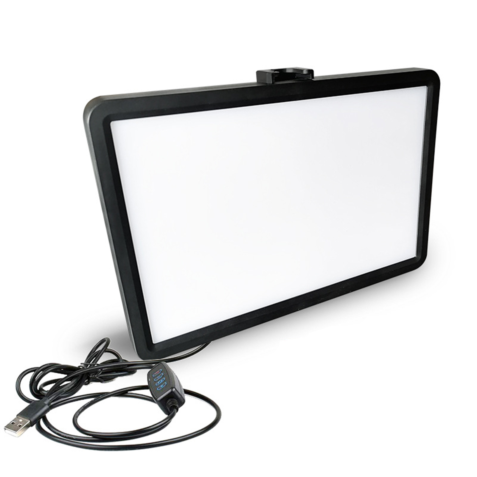 Ein rechteckiges LED-Licht mit schwarzem Rahmen und USB-Kabel.