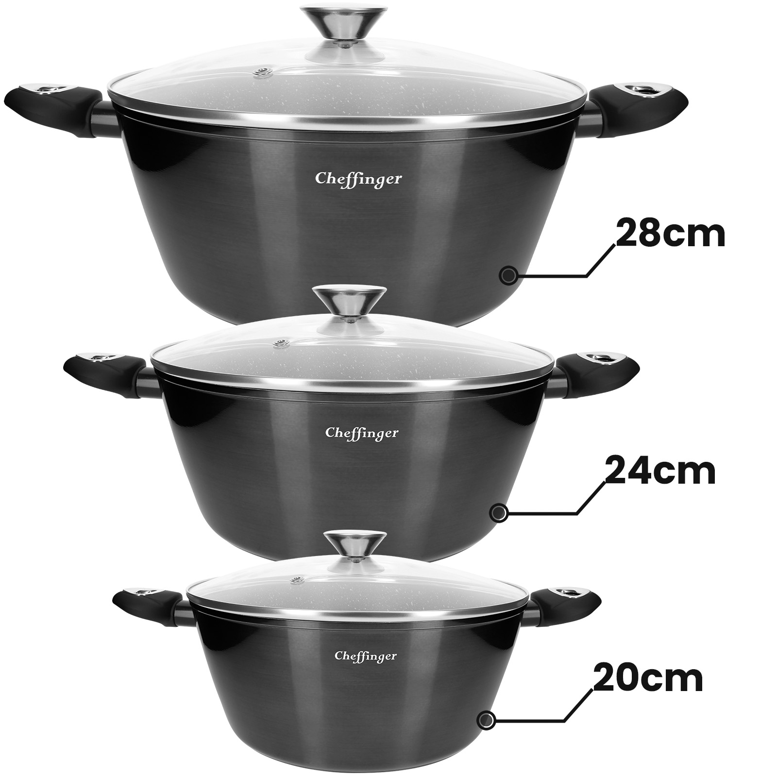 Tres ollas negras con tapas de cristal en tamaños de 28cm, 24cm y 20cm.