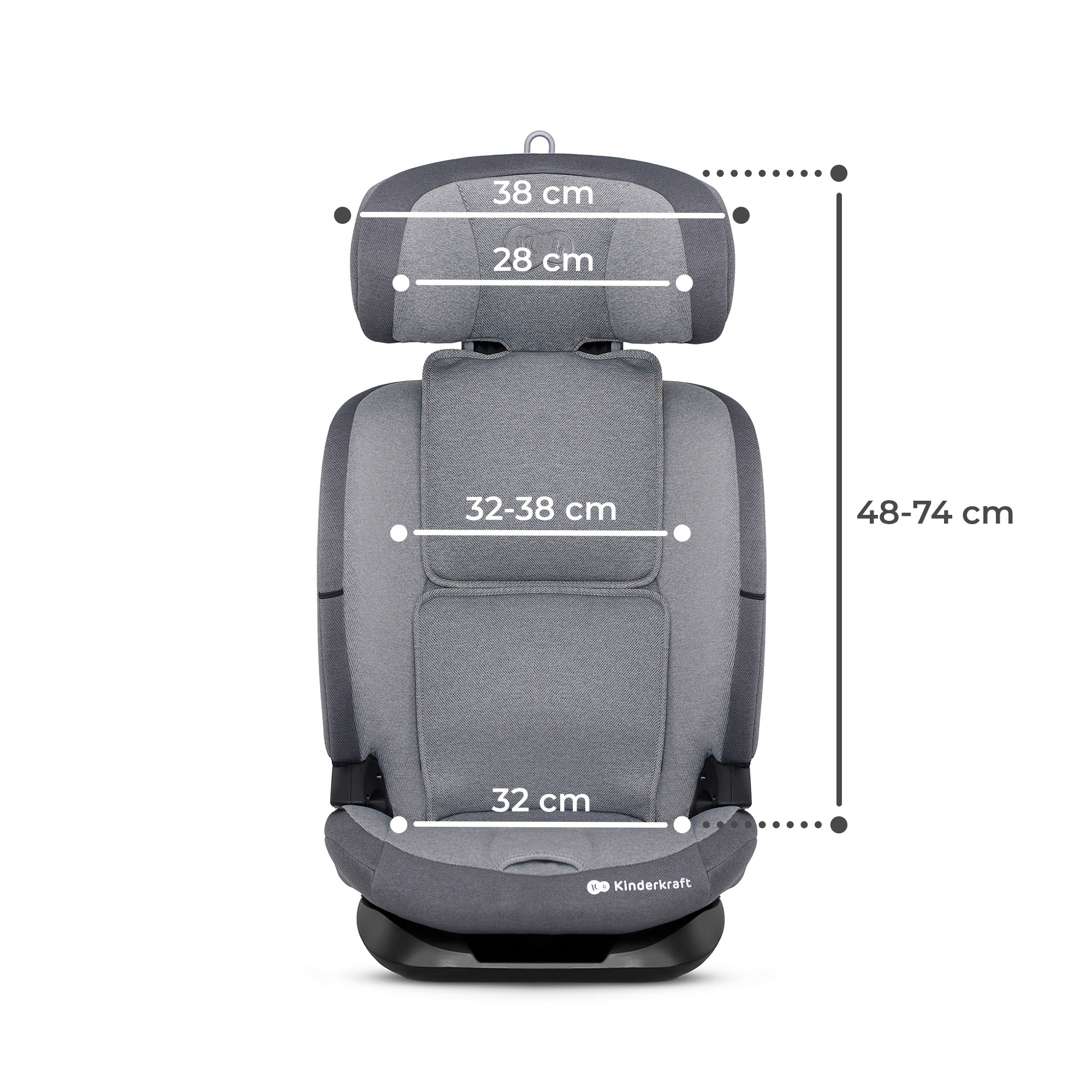 Grauer Kindersitz mit Maßen: 38 cm, 28 cm, 32-38 cm, 32 cm, 48-74 cm.