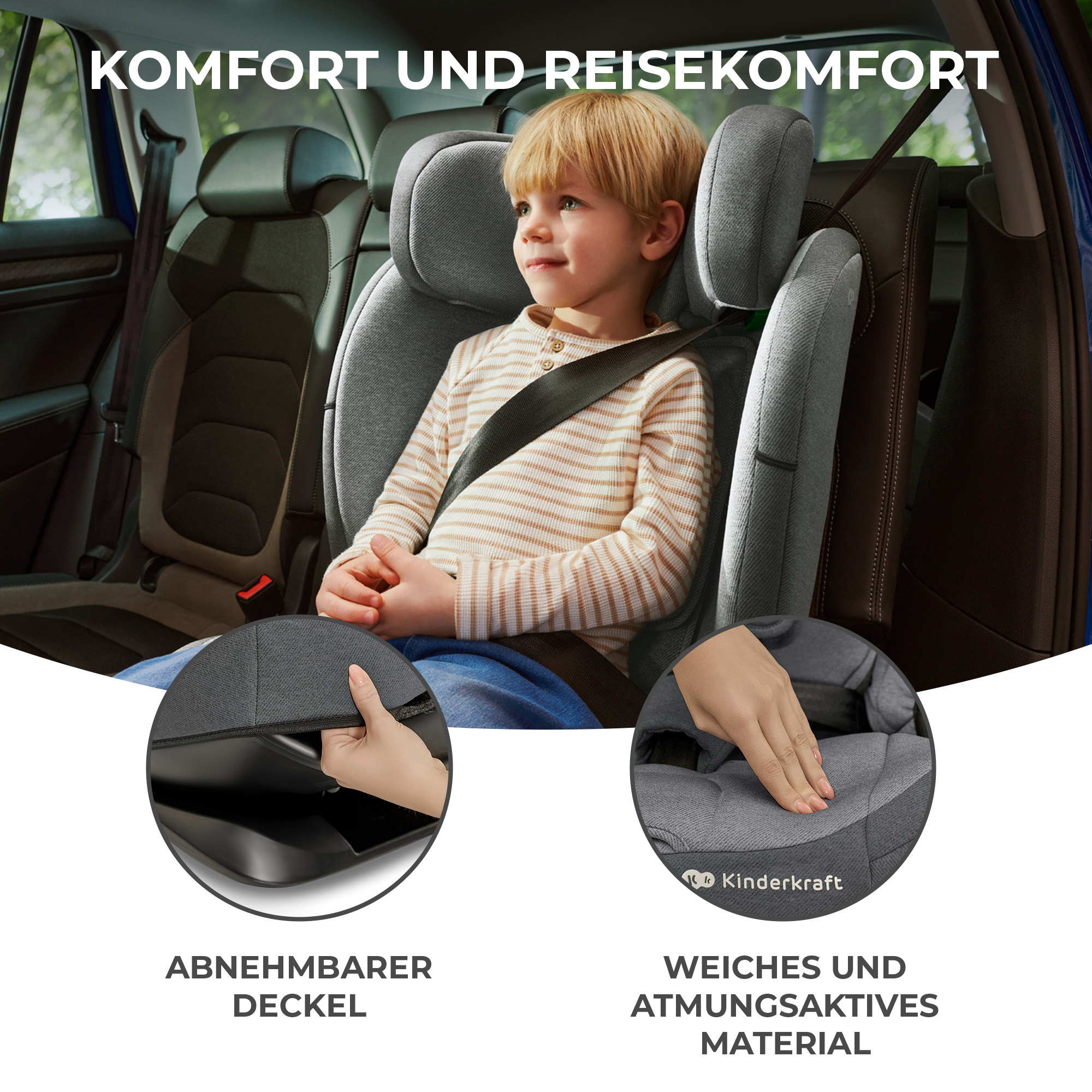 Ein Junge sitzt in einem Kindersitz im Auto. Details zeigen abnehmbaren Bezug und Material.